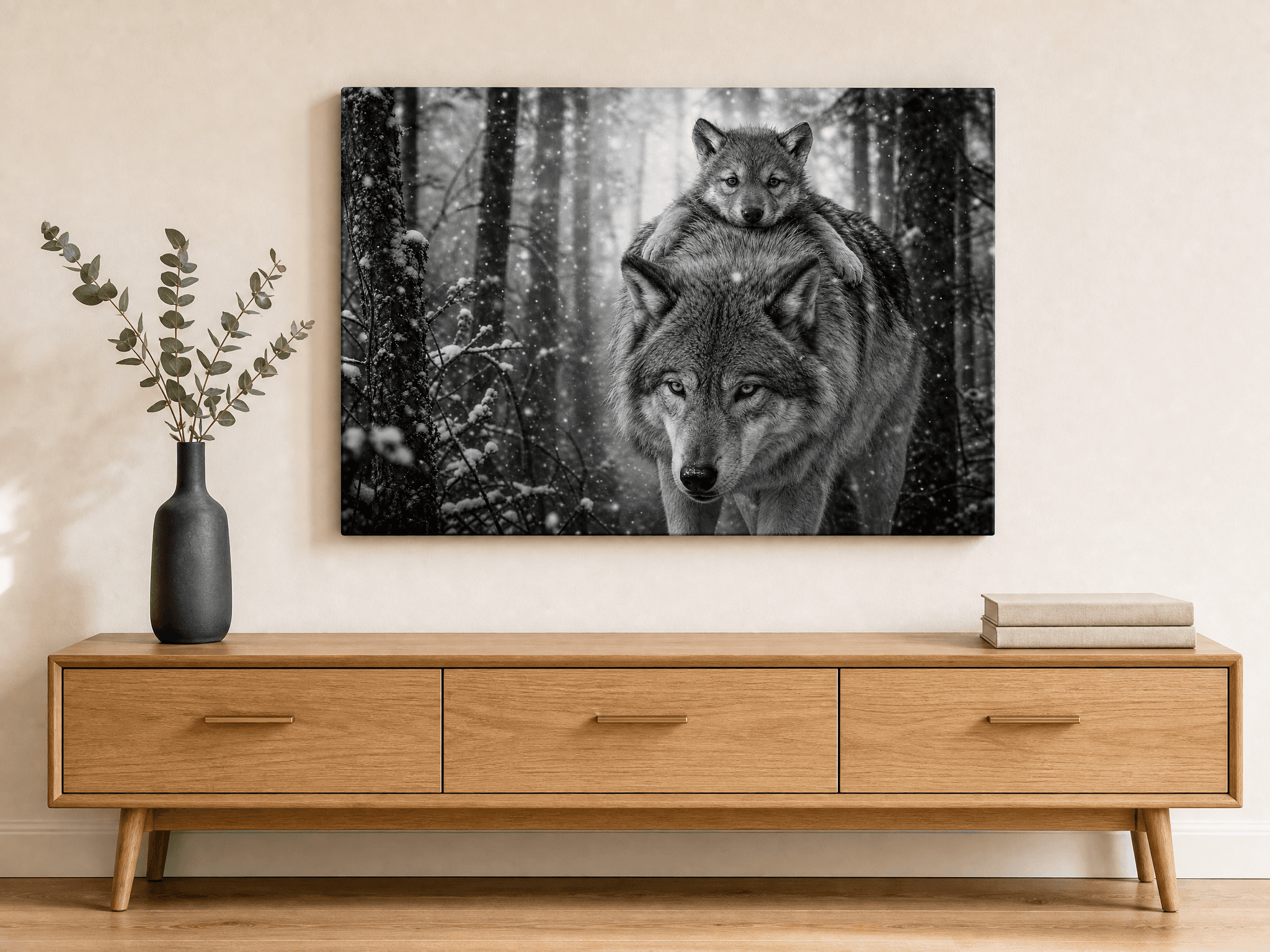 Mama Wolf Pup Snowy Forest Canvas Wall Art | Black White Photography Print | Living Room Home Decor