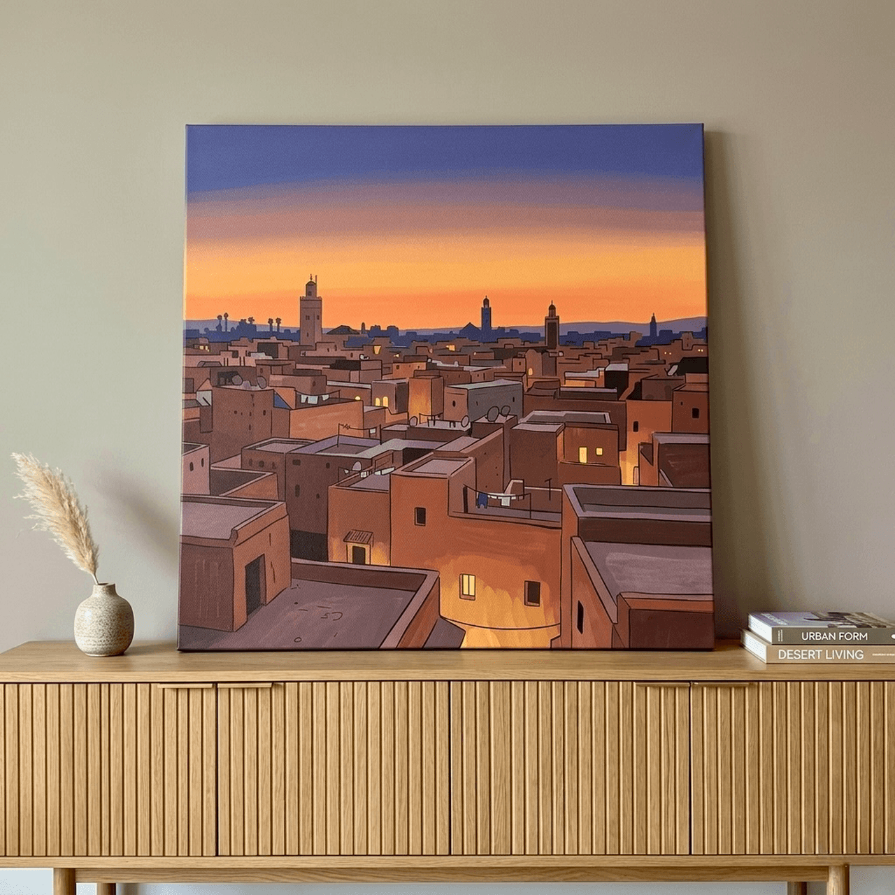 Marrakech Rooftop Sunset Canvas Wall Art | Cityscape Framed Print | Travel Home Decor