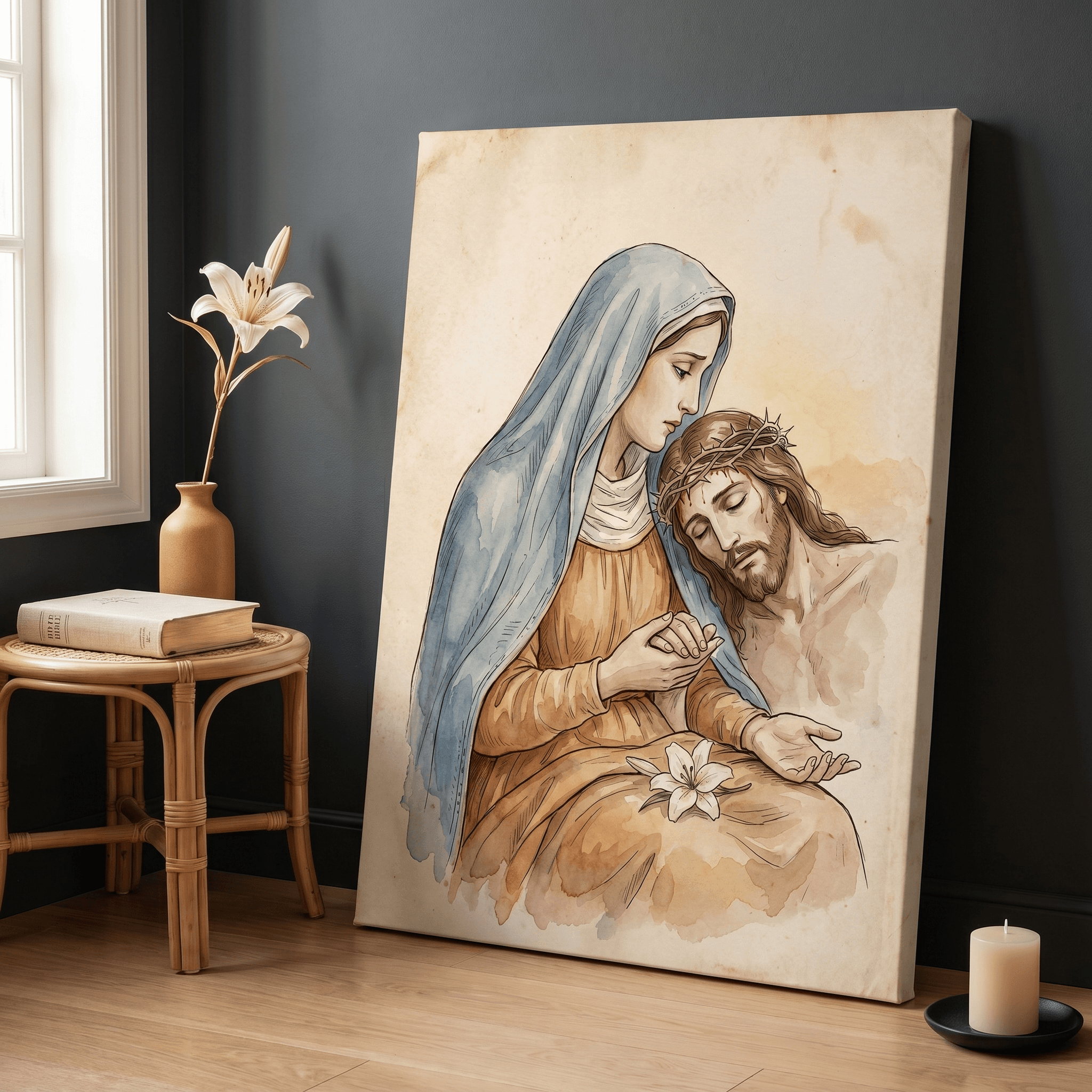 Mary Holding Jesus Pieta Canvas Wall Art | Vintage Watercolor Christian Print | Home Decor