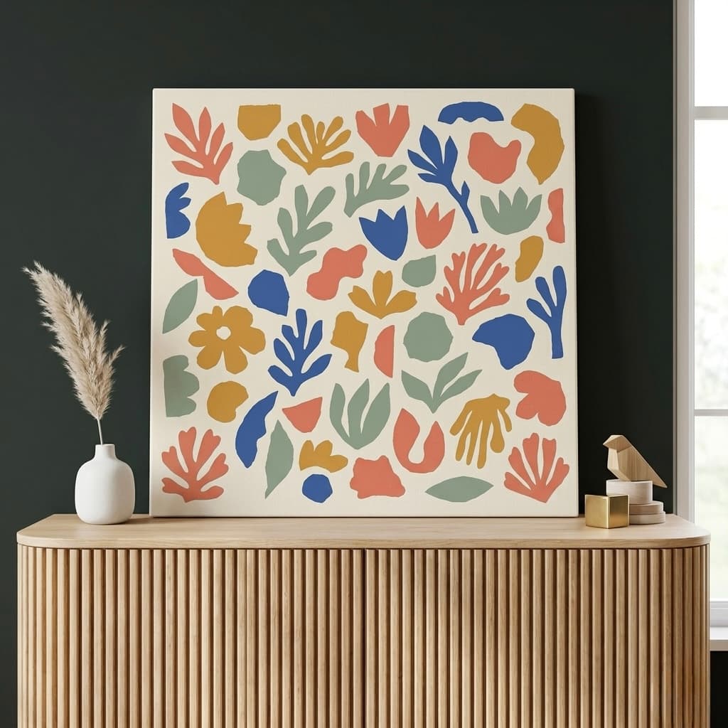 Matisse Botanical Cutout Canvas Wall Art | Colorful Organic Framed Print | Living Room Home Decor