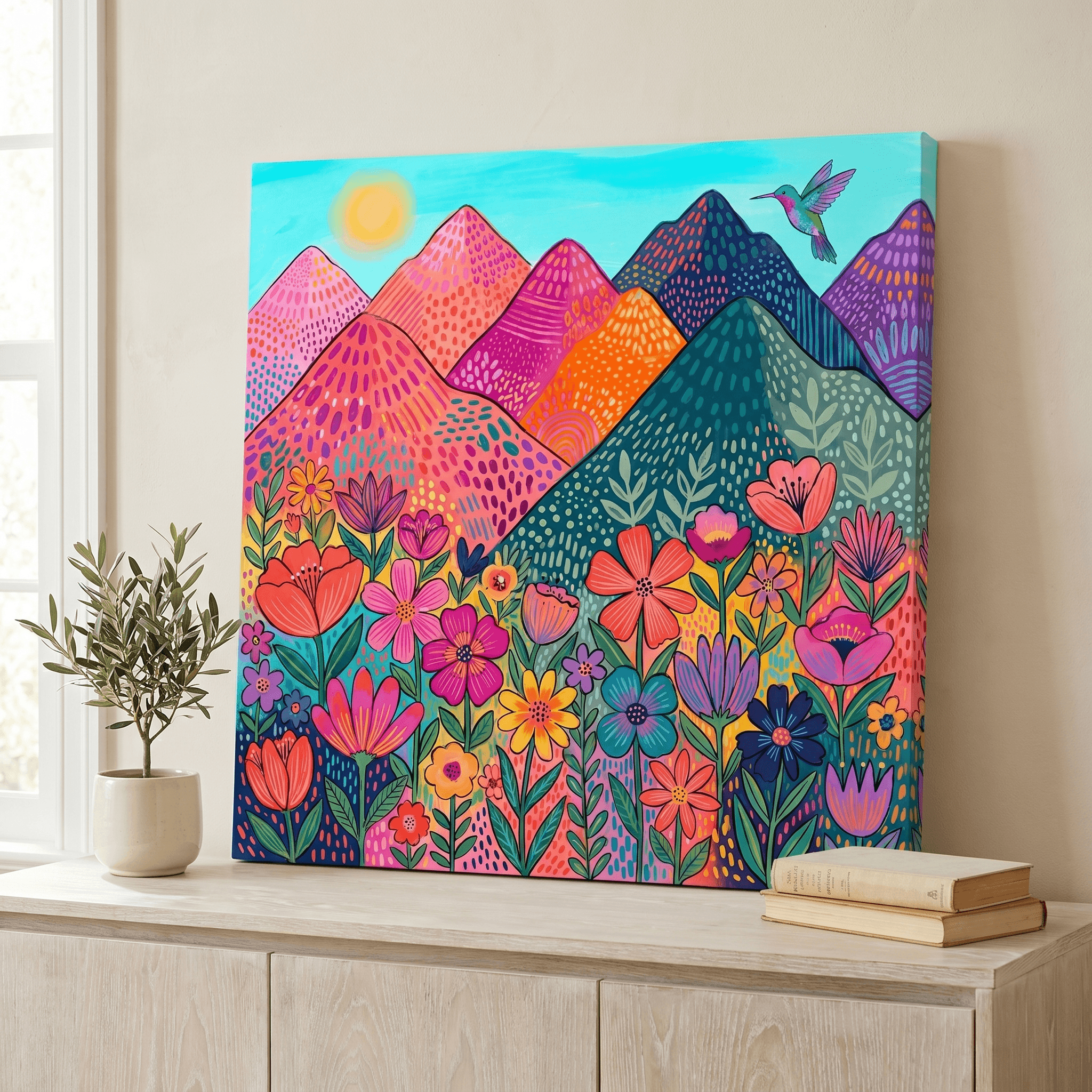 Maximalist Folk Mountain Wildflower Canvas Wall Art | Vibrant Hand-Drawn Print | Living Room Home Decor