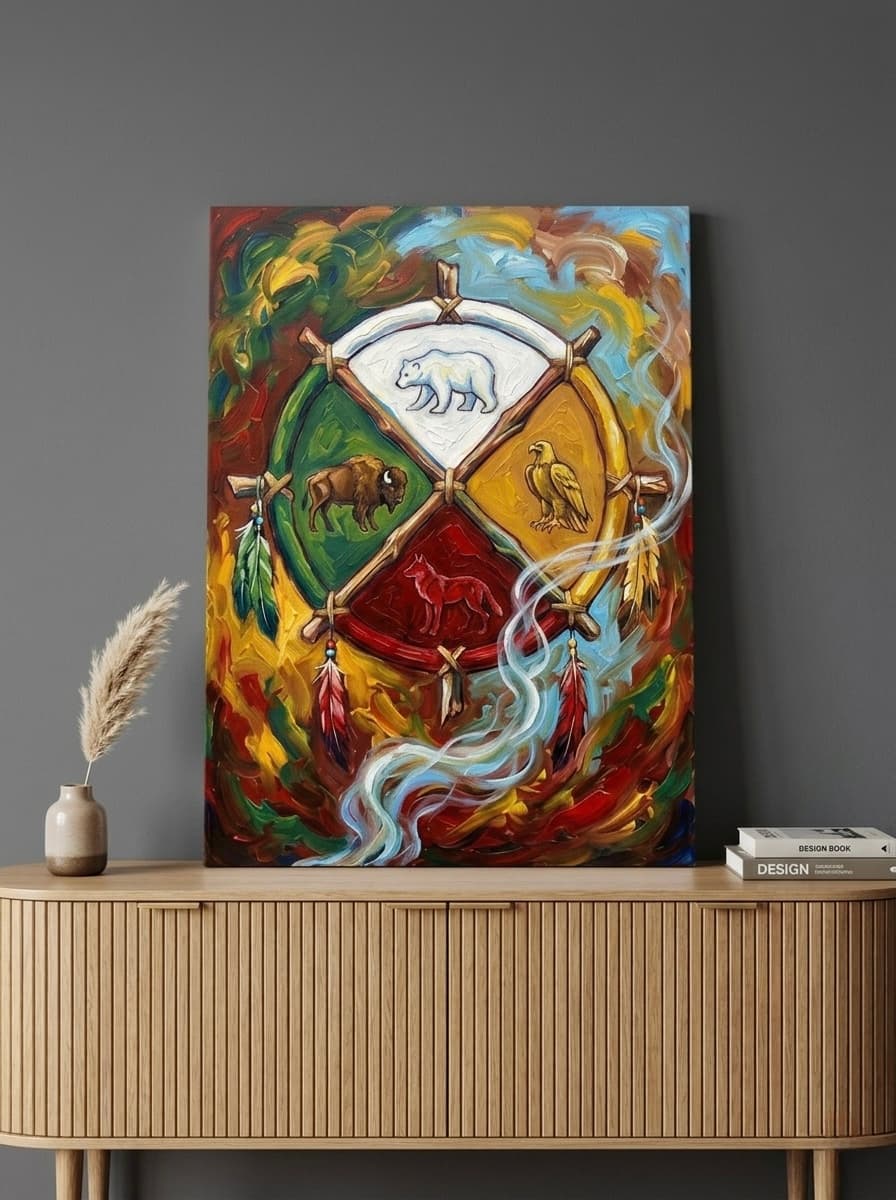 Medicine Wheel Canvas Wall Art | Native American Expressionist Print | Earth Tones Spiritual Decor | Sacred Symbol Art