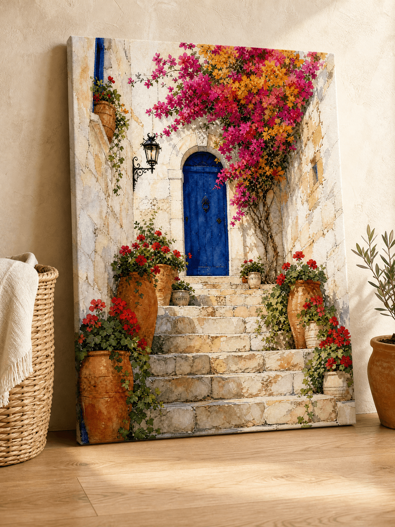Mediterranean Blue Door Canvas Wall Art | Watercolor Village Alley Print | Living Room Home Decor