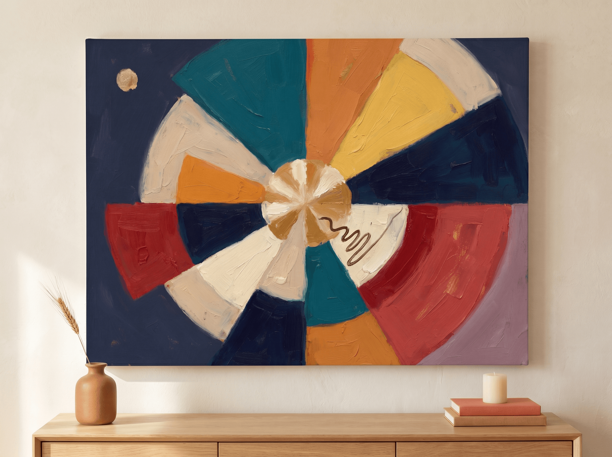 Mid Century Geometric Sunburst Canvas Wall Art | Bold Modern Painterly Print | Living Room Home Decor