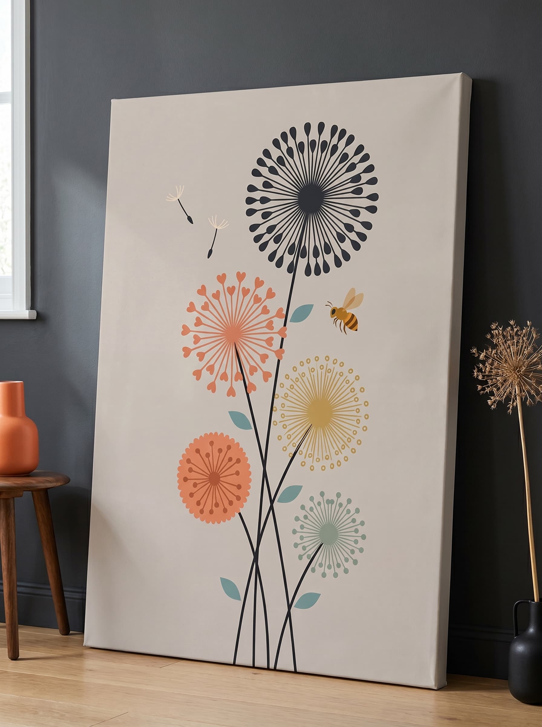 Mid-Century Modern Dandelion Canvas Wall Art | Coral Mustard Sage Print | Living Room Home Decor