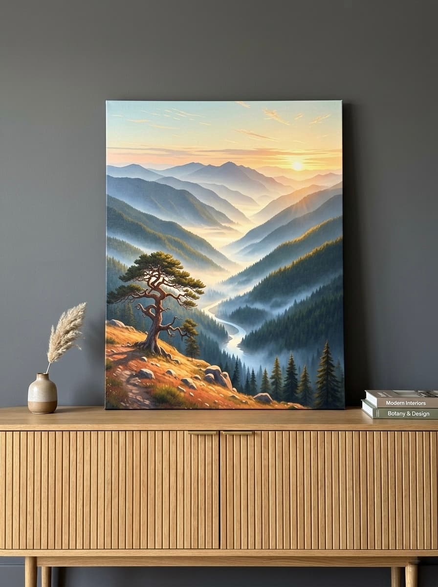 Misty Mountain Valley Canvas Wall Art | Sunrise Landscape Oil Painting Framed Print | Living Room Nature Decor