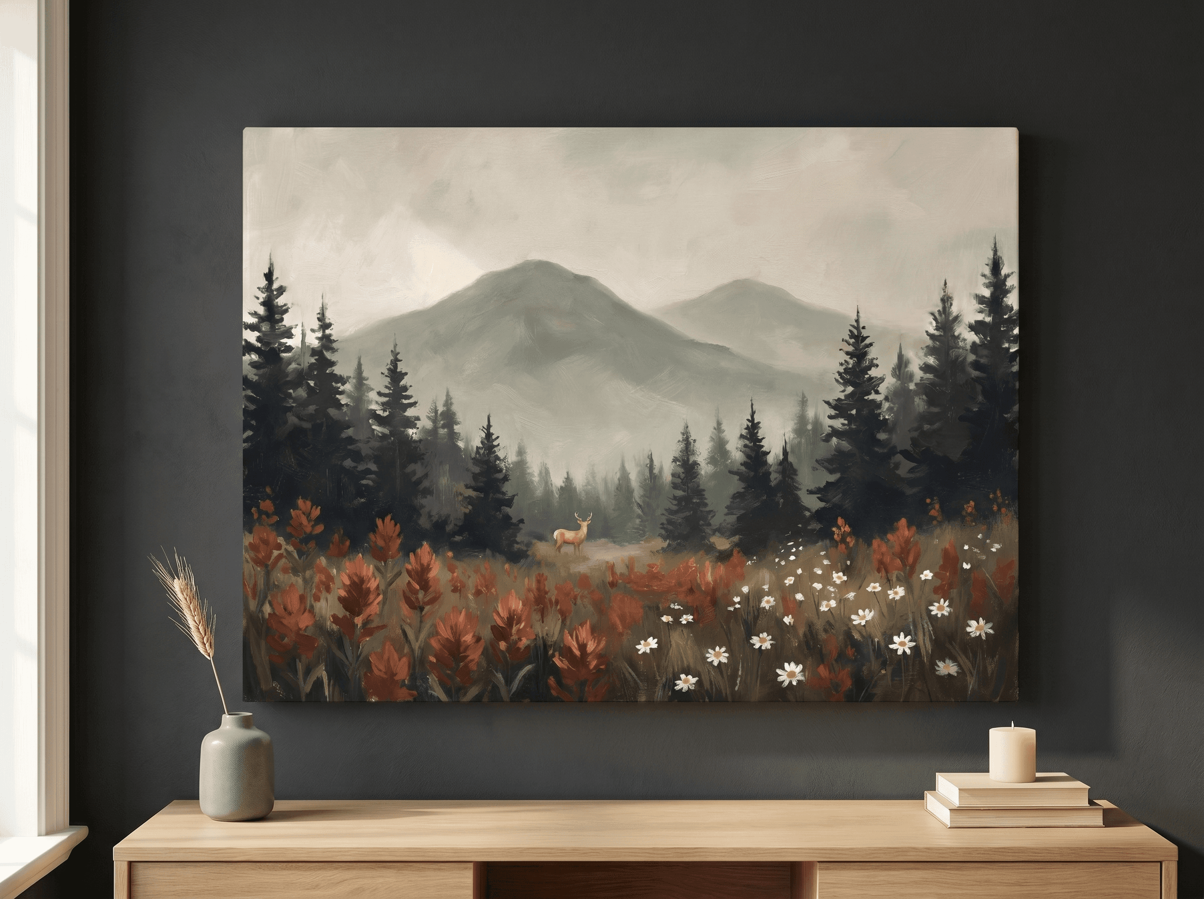 Misty Mountain Wildflower Canvas Wall Art | Vintage Moody Oil Print | Living Room Home Decor