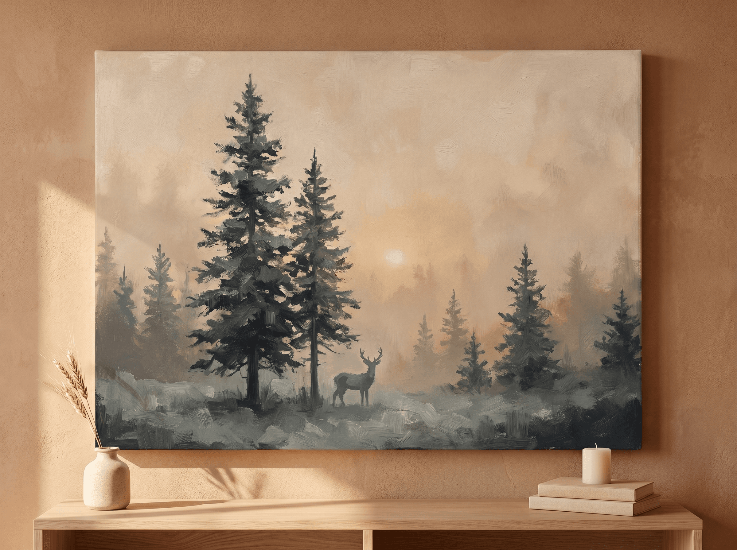 Misty Pine Forest Deer Canvas Wall Art | Moody Vintage Oil Print | Living Room Home Decor