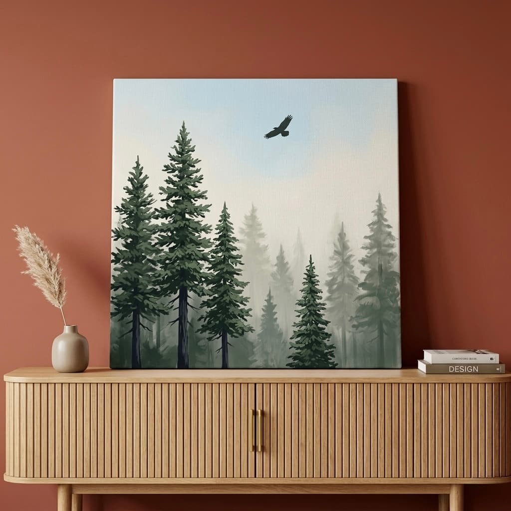 Misty Pine Forest Canvas Wall Art | Eagle Soaring Watercolor Framed Print | Living Room Home Decor