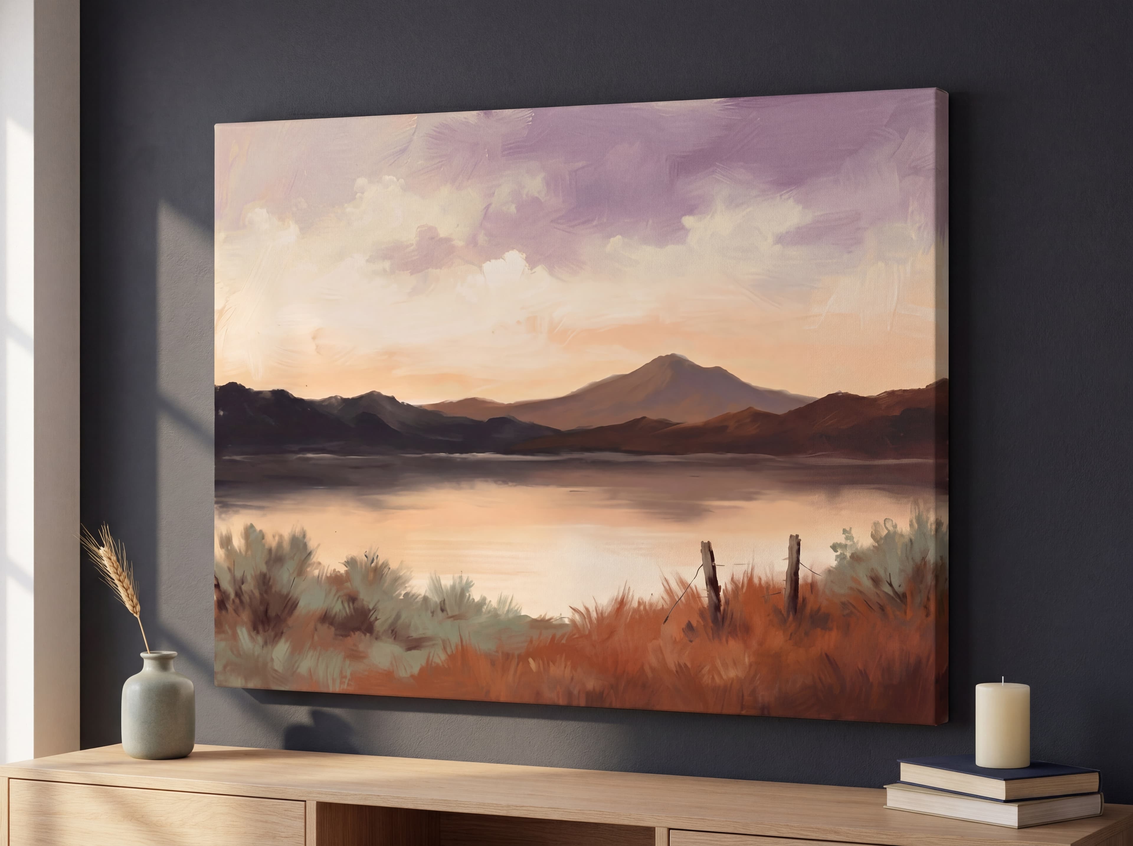 Moody Lake Rowboat Canvas Wall Art | Dawn Lavender Landscape Print | Living Room Home Decor