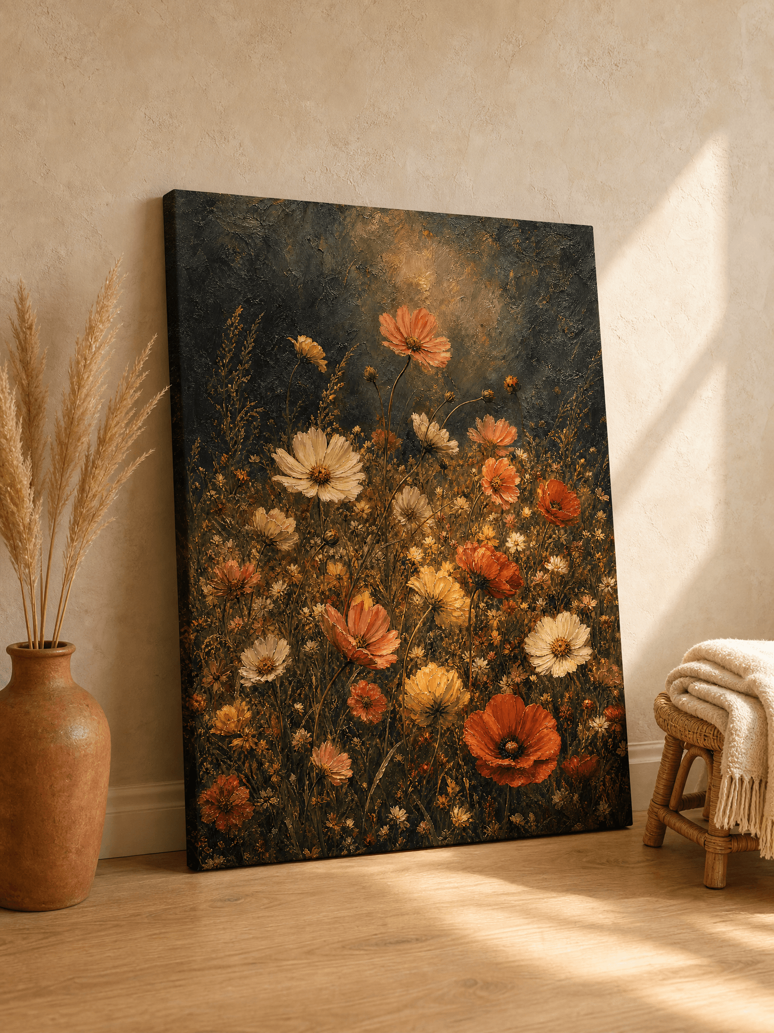 Moody Wildflower Meadow Canvas Wall Art | Vintage Impasto Print | Bedroom Home Decor