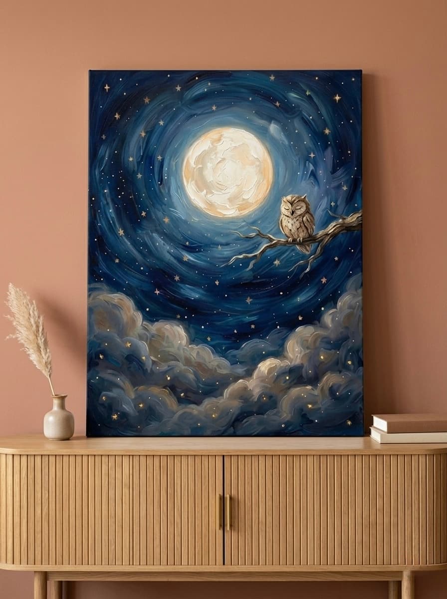 Moon Owl Celestial Oil Painting Nursery Canvas Wall Art | Night Sky Indigo Kids Room Decor | Bedtime Gift