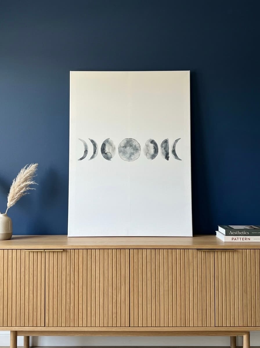 Moon Phases Watercolor Canvas Wall Art | Celestial Ink Framed Print | Bedroom Home Decor