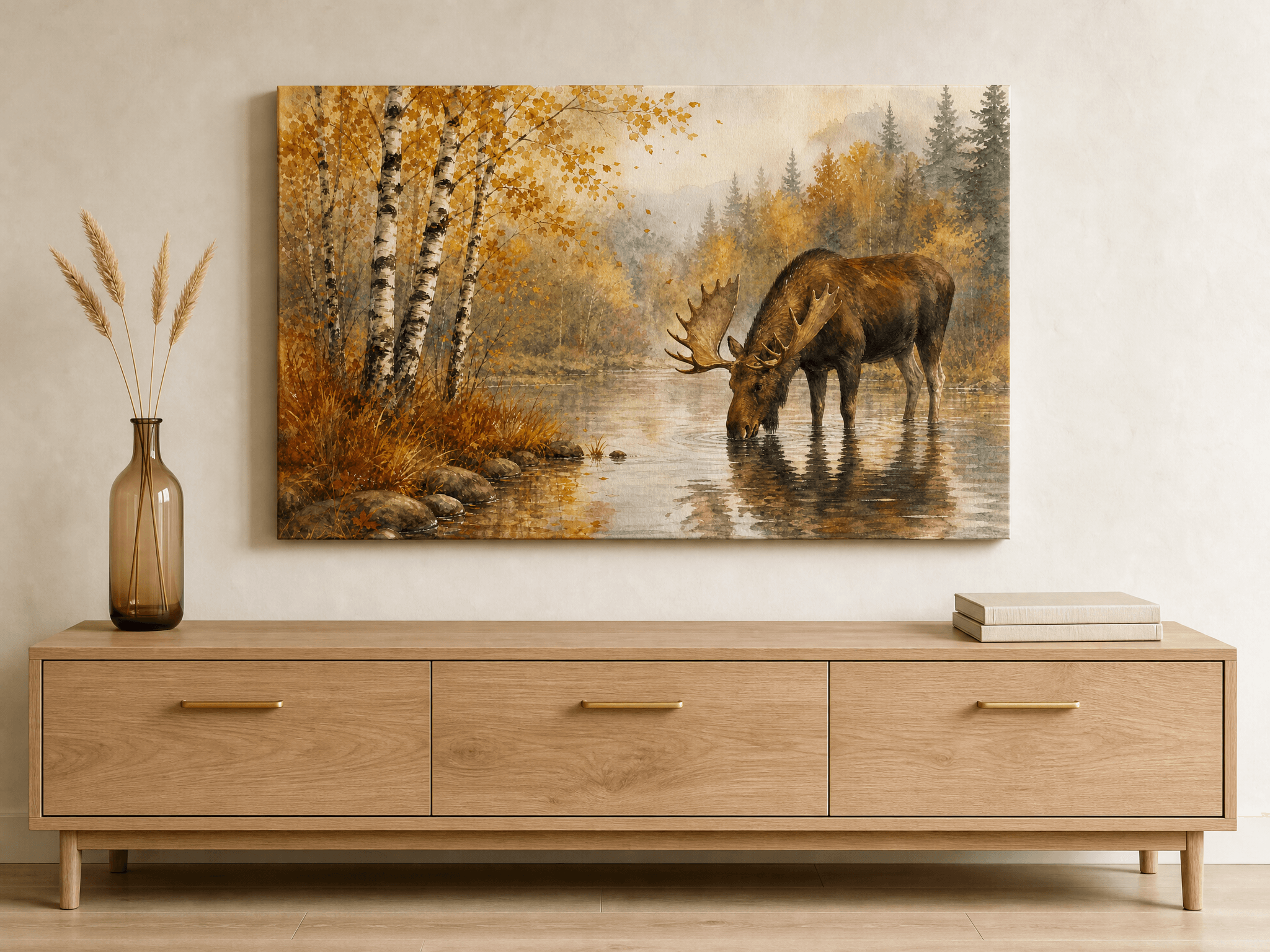 Moose In Autumn Birch Stream Canvas Wall Art | Watercolor Landscape Print | Living Room Home Decor