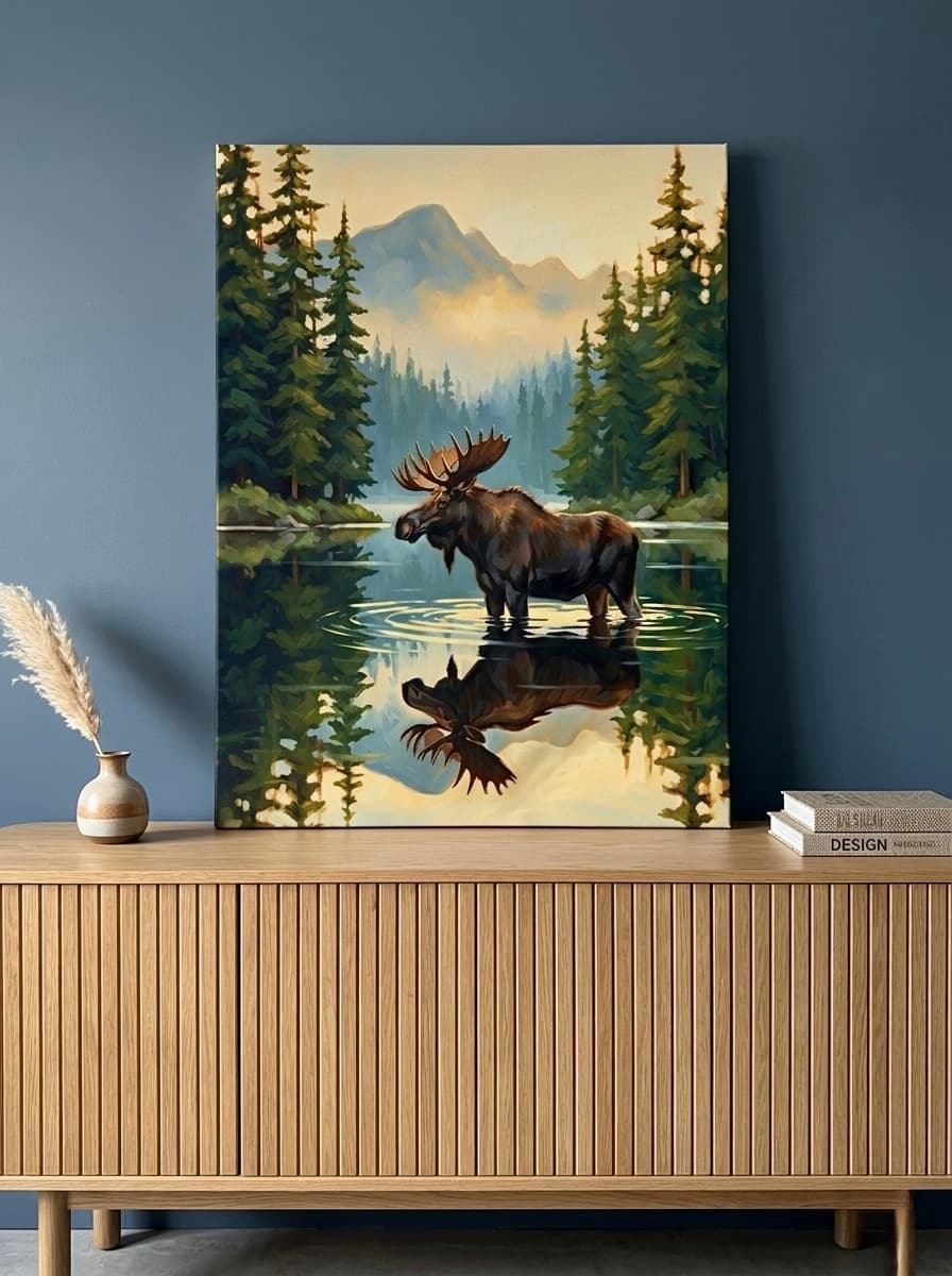 Moose Canvas Wall Art | Mountain Lake Oil Painting Framed Print | Cabin Lodge Living Room Decor | Wildlife Lover Gift