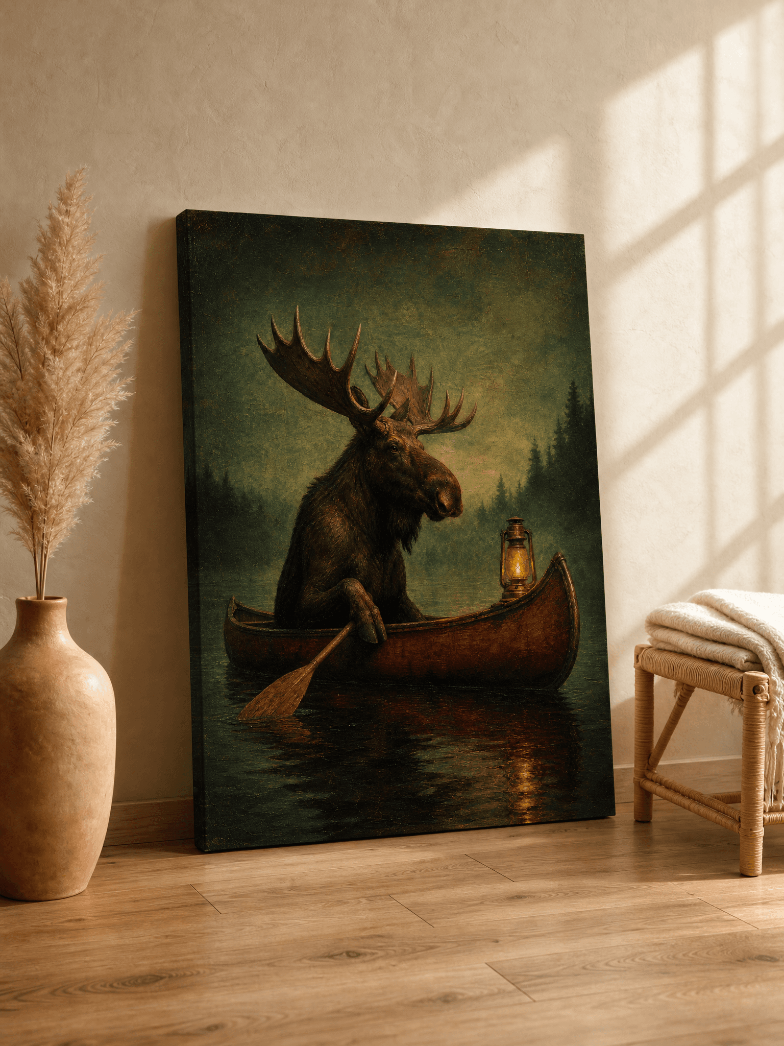 Moose In Red Canoe Canvas Wall Art | Vintage Lantern Oil Painting Print | Cabin Home Decor
