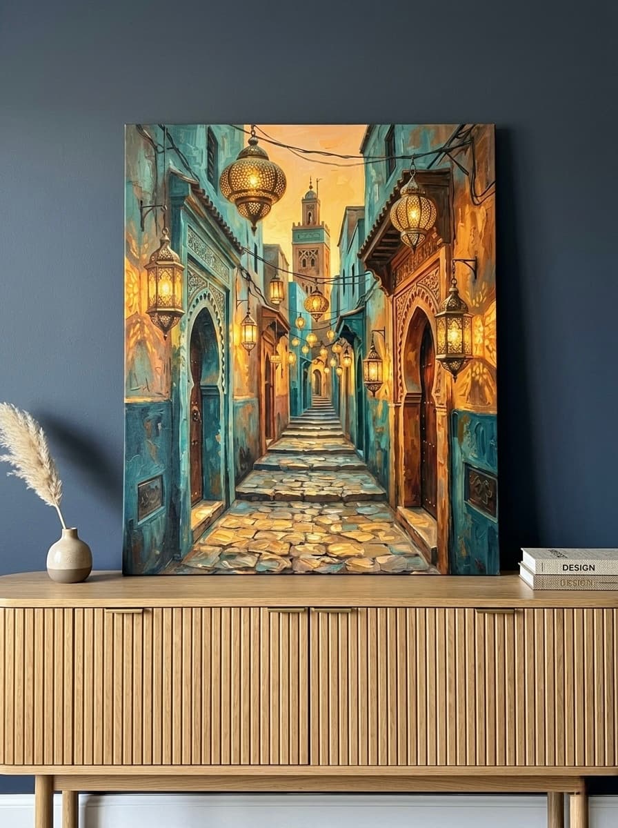 Moroccan Medina Canvas Wall Art | Oil Painting Lantern Alley Print | Teal Saffron Cultural Decor | Travel Wall Art