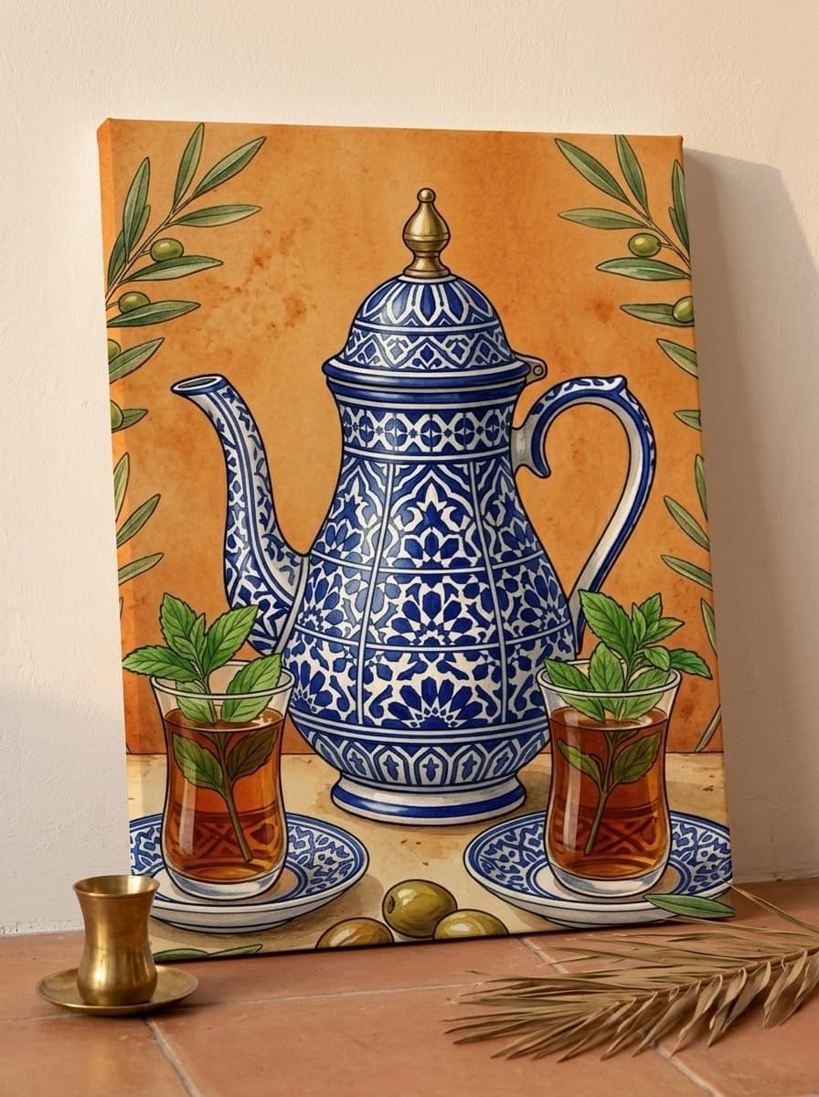Moroccan Tea Set Canvas Wall Art | Culture Still Life Framed Print | Kitchen Living Room Decor