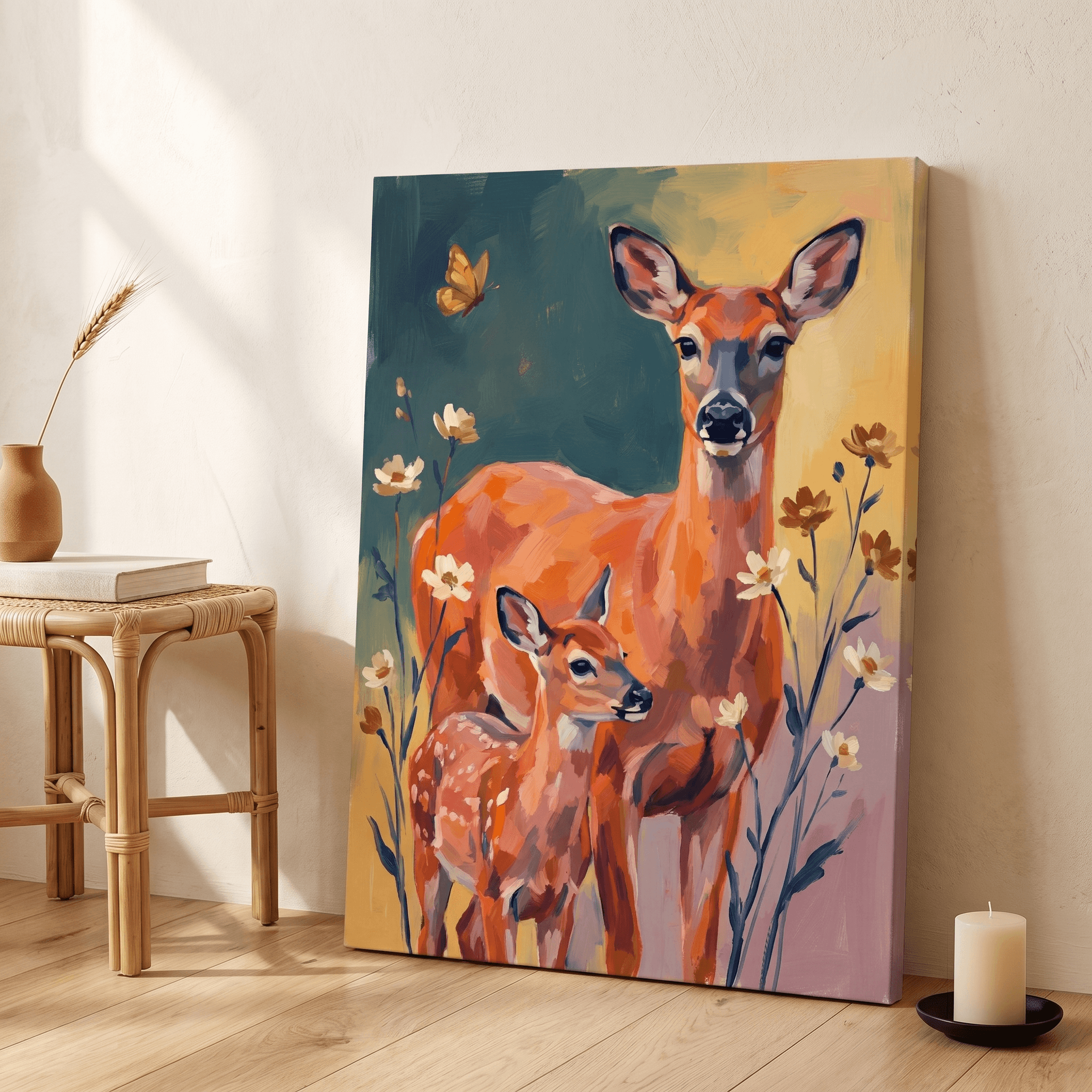 Mother Fawn Deer Canvas Wall Art | Bold Painterly Wildlife Print | Living Room Home Decor