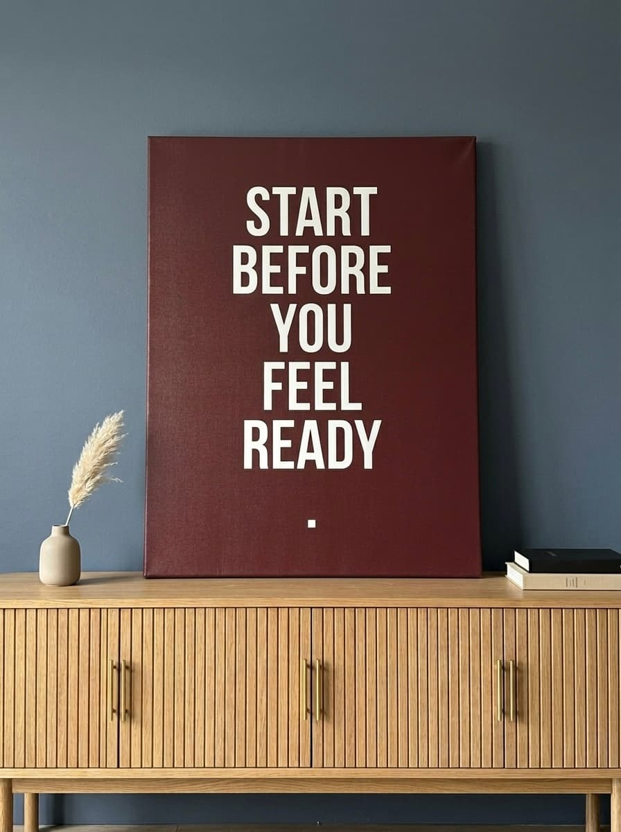 Motivational Canvas Wall Art | Start Before You Are Ready Typography Print | Oxblood Framed Canvas, Ready to Hang