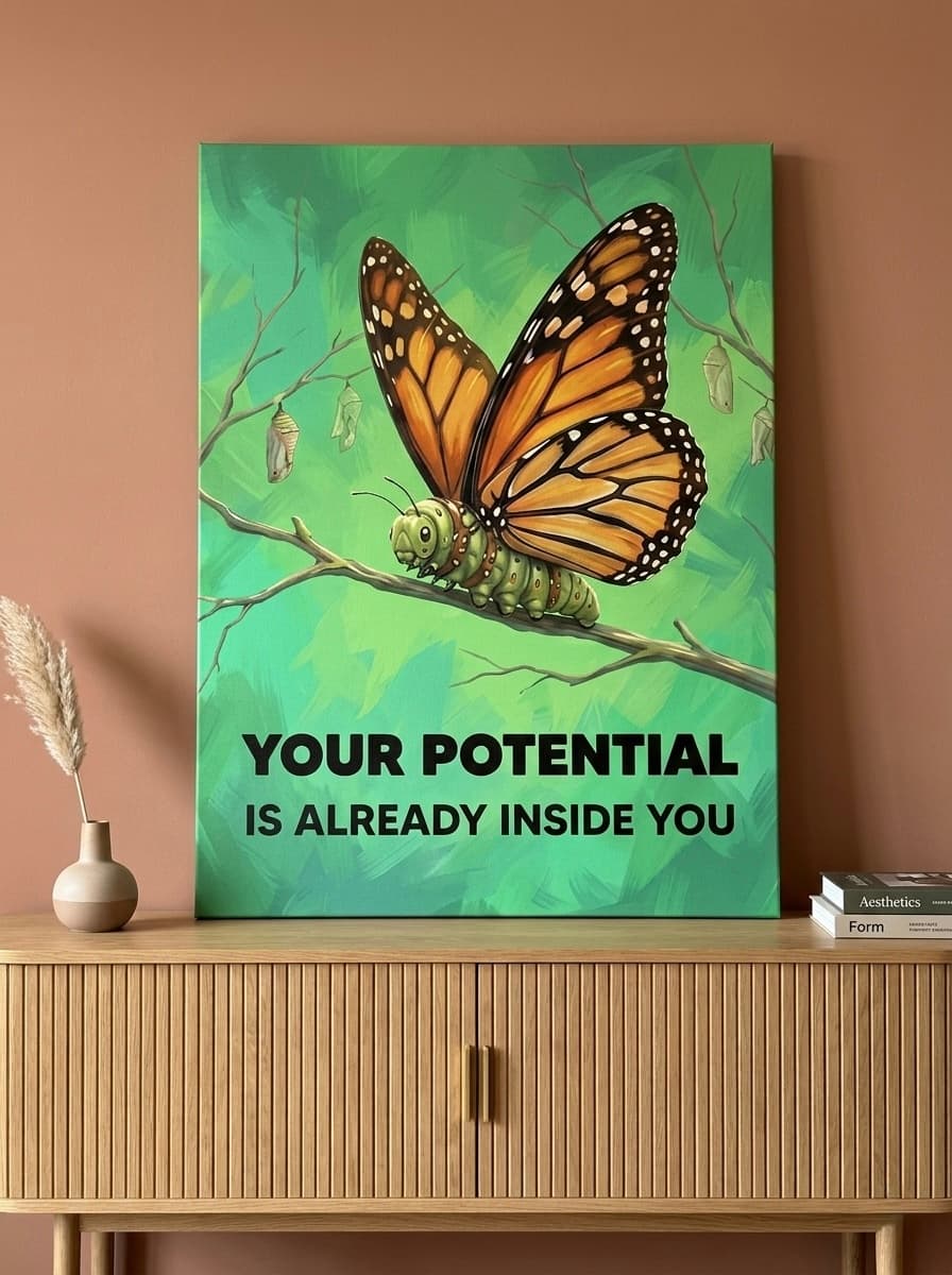 Motivational Canvas Wall Art | Caterpillar Butterfly Transformation Illustration | Emerald Gold Framed Canvas, Ready to Hang