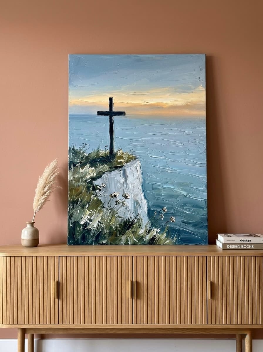 Mountain Cross Canvas Wall Art | Impressionist Christian Landscape Framed Print | Decor