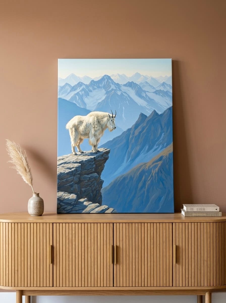 Mountain Goat Canvas Wall Art | Alpine Cliff Painting Framed Print | Living Room Nature Decor | Adventure Lover Gift