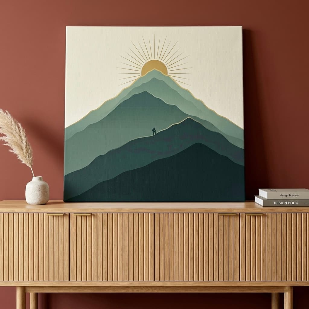 Mountain Hiker Sunrise Canvas Wall Art | Minimalist Adventure Framed Print | Living Room Home Decor