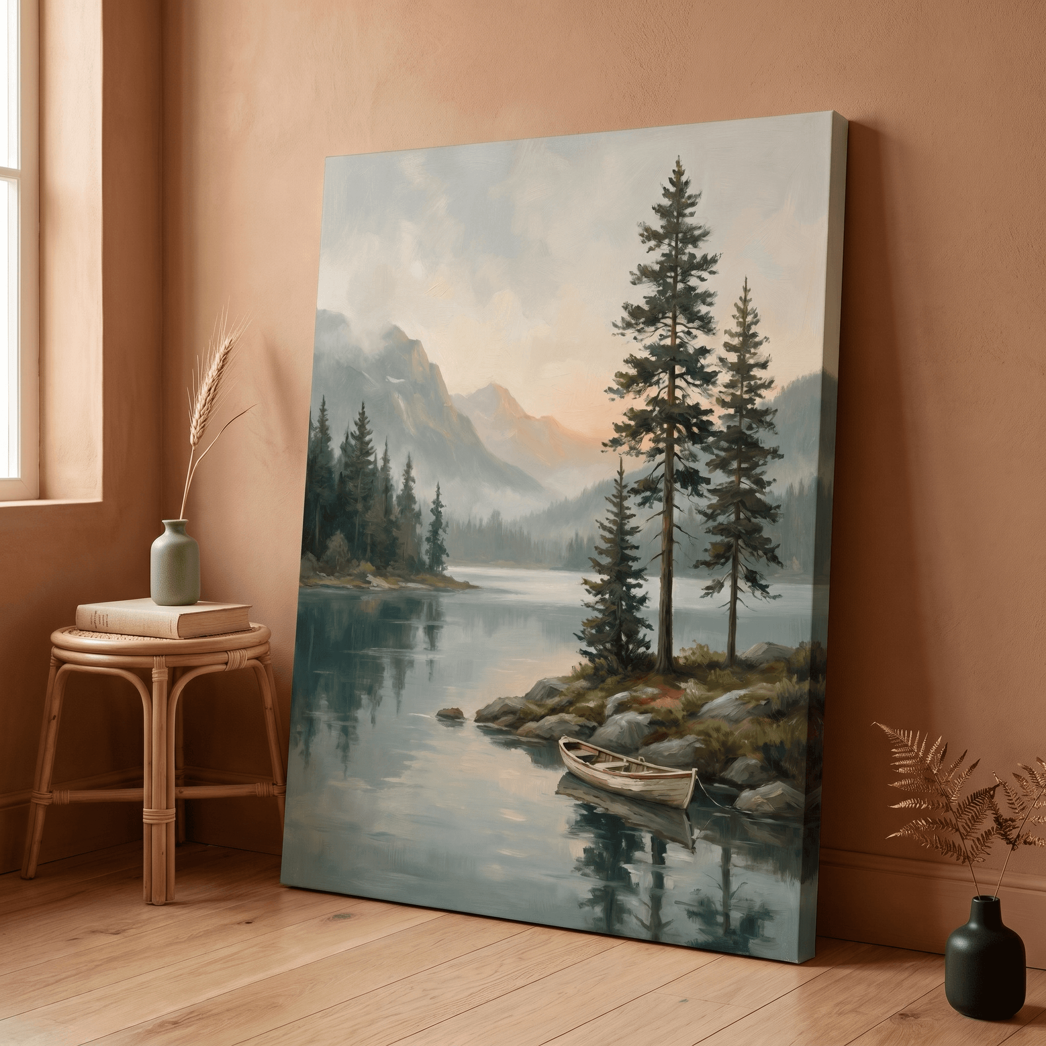 Mountain Lake Twin Pines Canvas Wall Art | Misty Painterly Oil Print | Living Room Home Decor