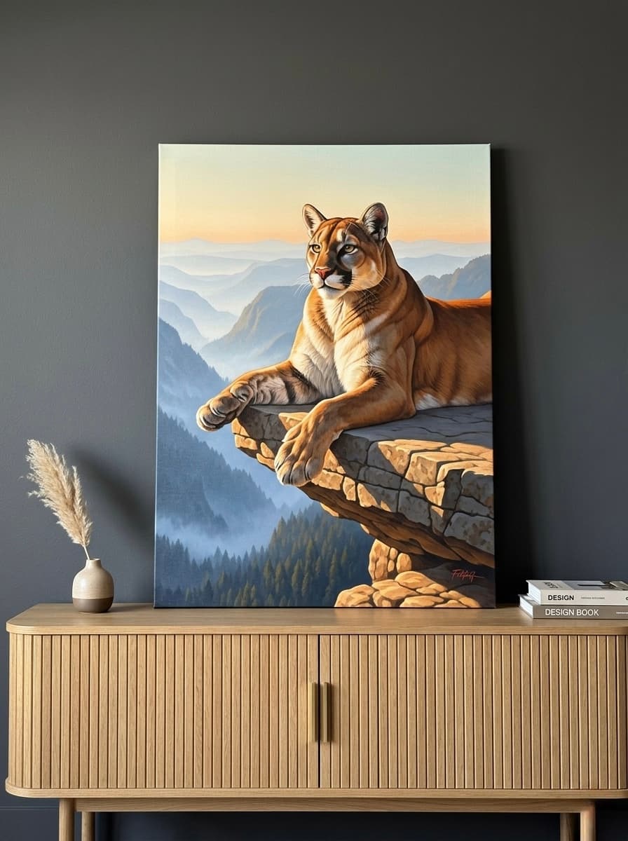 Mountain Lion Canvas Wall Art | Cougar Wildlife Painting Framed Print | Western Living Room Decor | Big Cat Gift