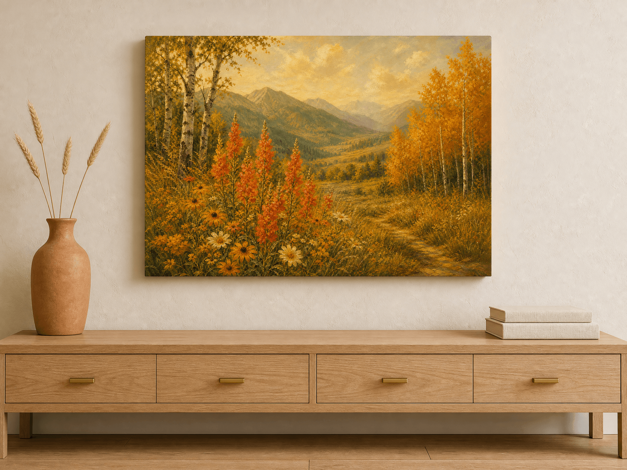 Mountain Meadow Coral Wildflowers Canvas Wall Art | Vintage Oil Print | Cabin Home Decor