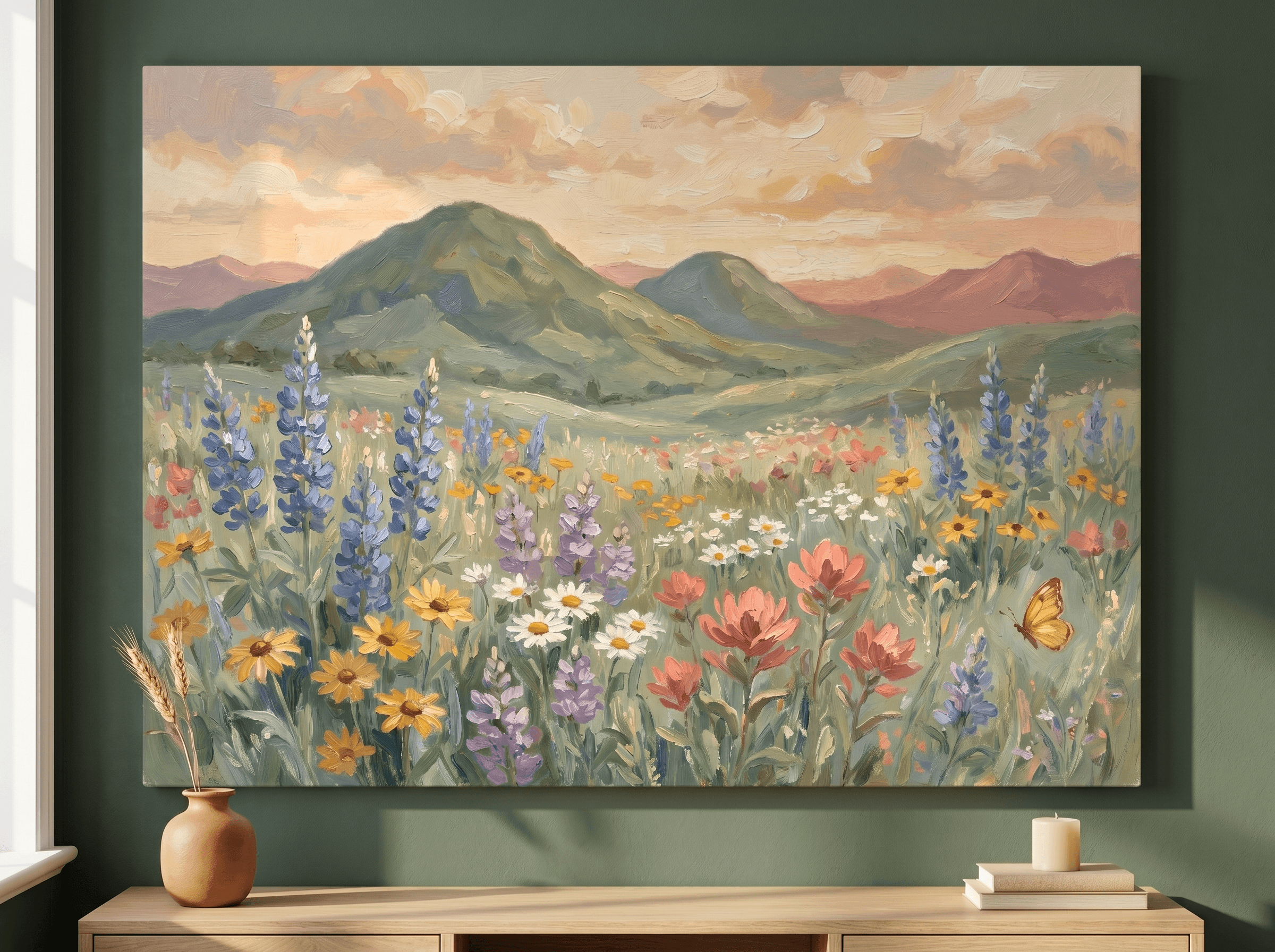 Mountain Wildflower Meadow Canvas Wall Art | Classical Impressionist Sunset Print | Living Room Home Decor