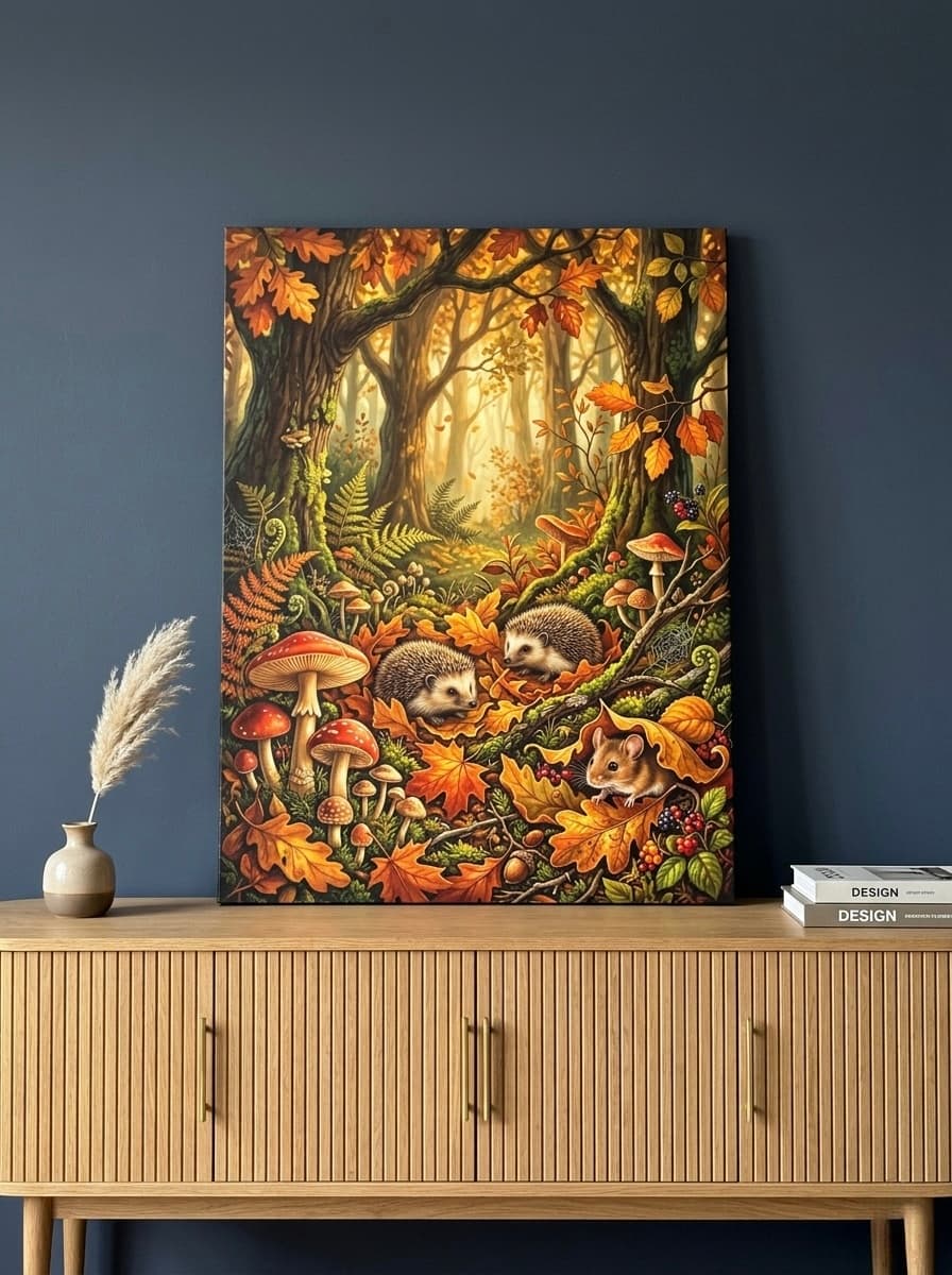 Hedgehog Canvas Wall Art | Botanical Forest Wildlife Painting | Framed Canvas Print, Ready to Hang