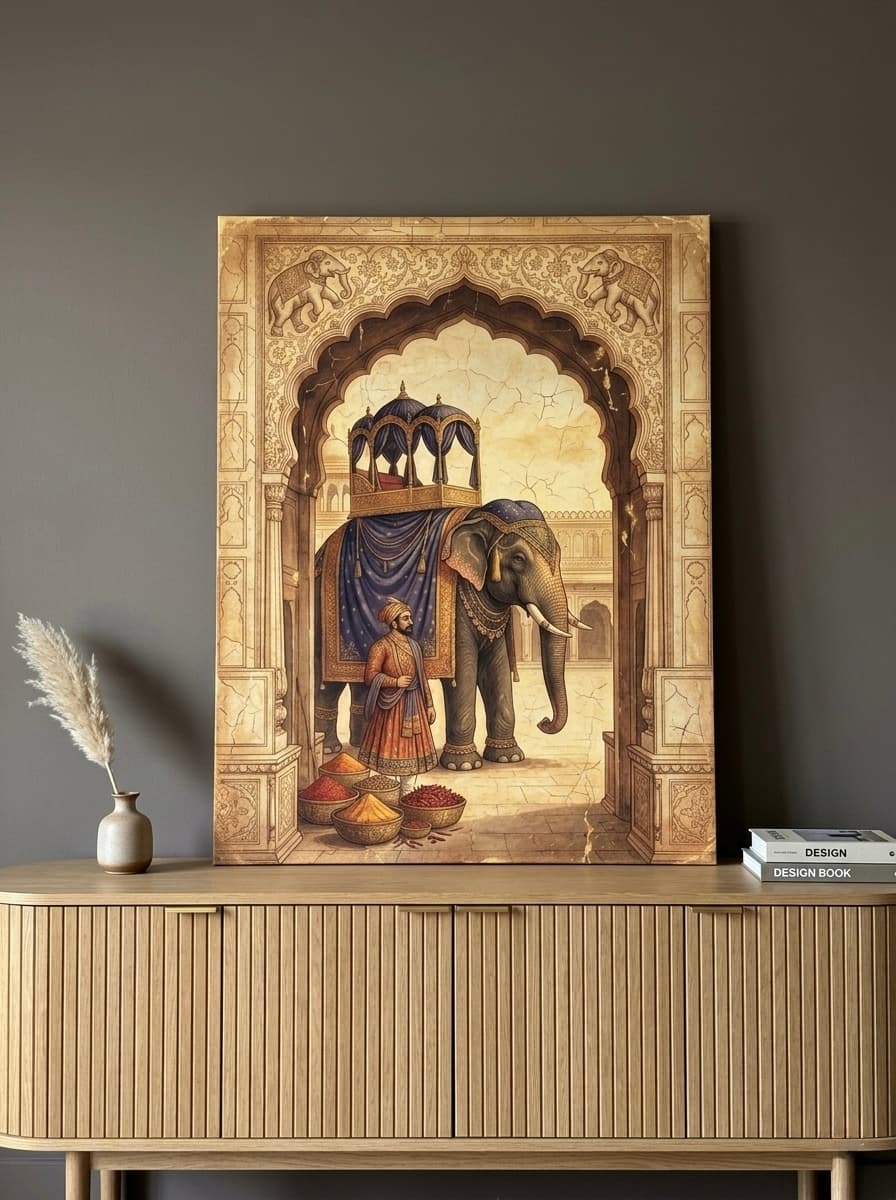 Mughal Elephant Canvas Wall Art | Indian Miniature Painting Print | Vintage Royal Court Decor | Terracotta Indigo Art
