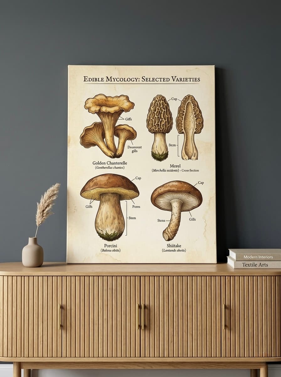 Mushroom Chart Canvas Wall Art | Scientific Botanical Kitchen Print | Farmhouse Dining Framed Decor