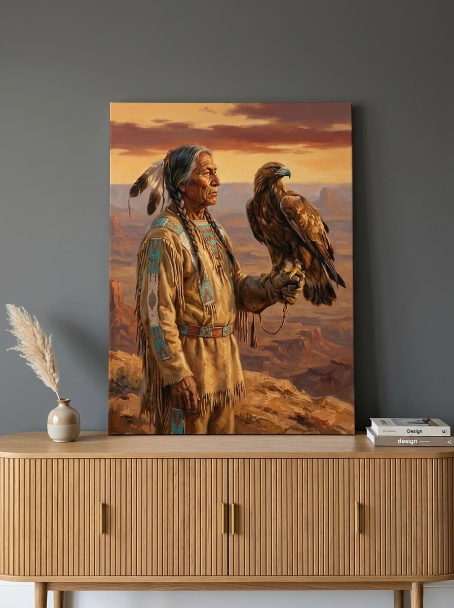 Native American Elder Canvas Wall Art | Eagle Spirit Oil Painting Print | Amber Terracotta Cultural Decor | Heritage Art