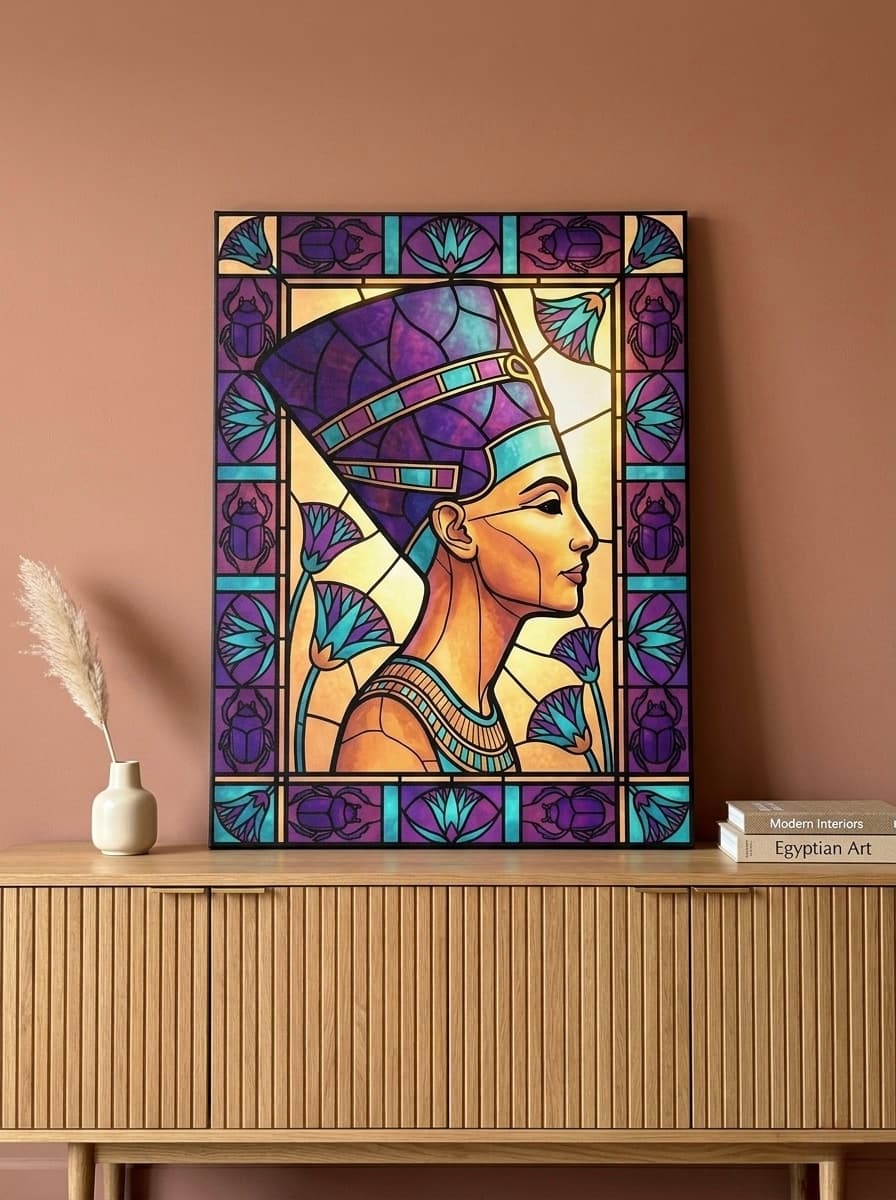 Nefertiti Stained Glass Canvas Wall Art | Egyptian Queen Portrait Print | Amethyst Turquoise Decor | Ancient Egypt Art