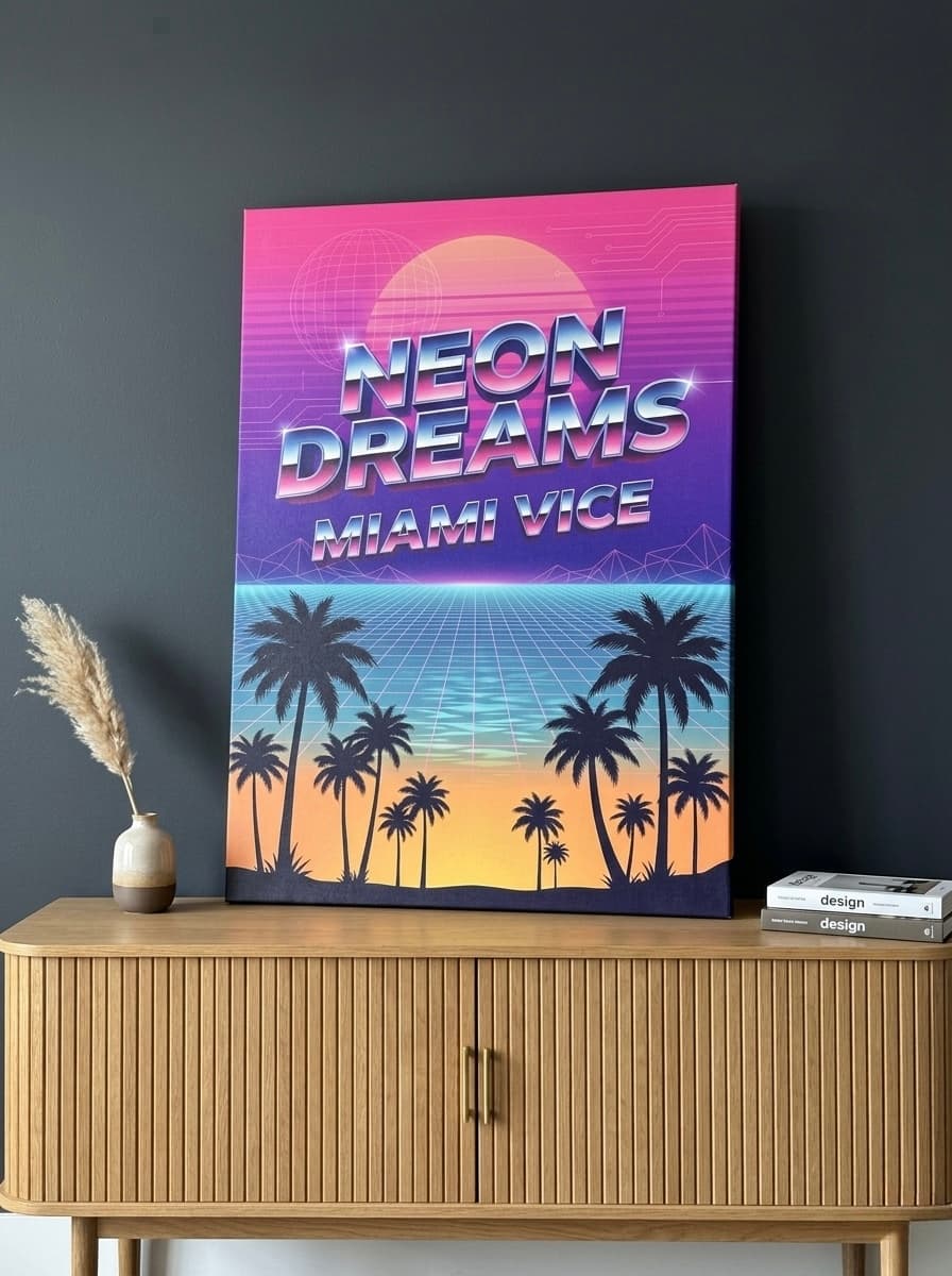 Neon Dreams Miami Vice Canvas Wall Art | Synthwave Framed Print | Game Room Home Decor