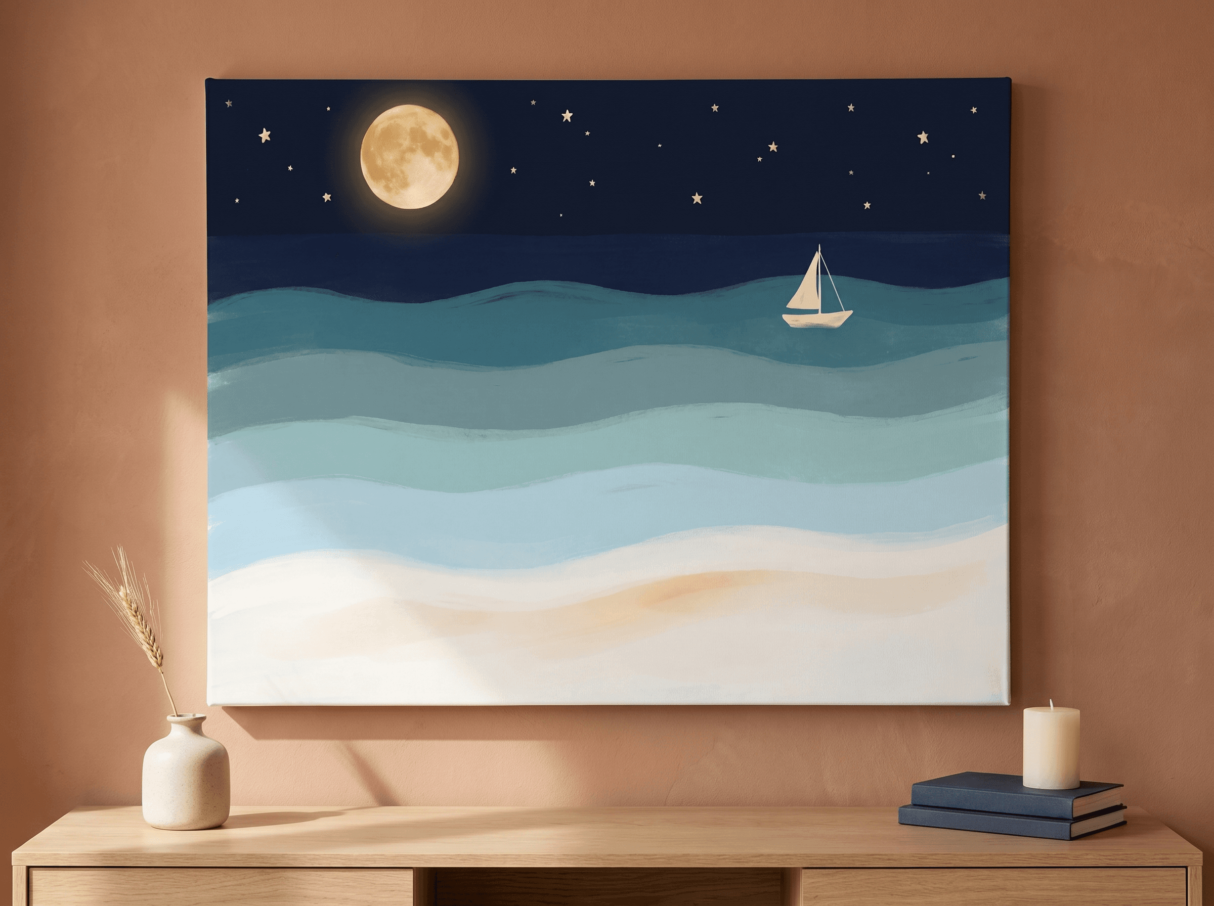 Night Ocean Full Moon Canvas Wall Art | Minimalist Layered Print | Bedroom Home Decor