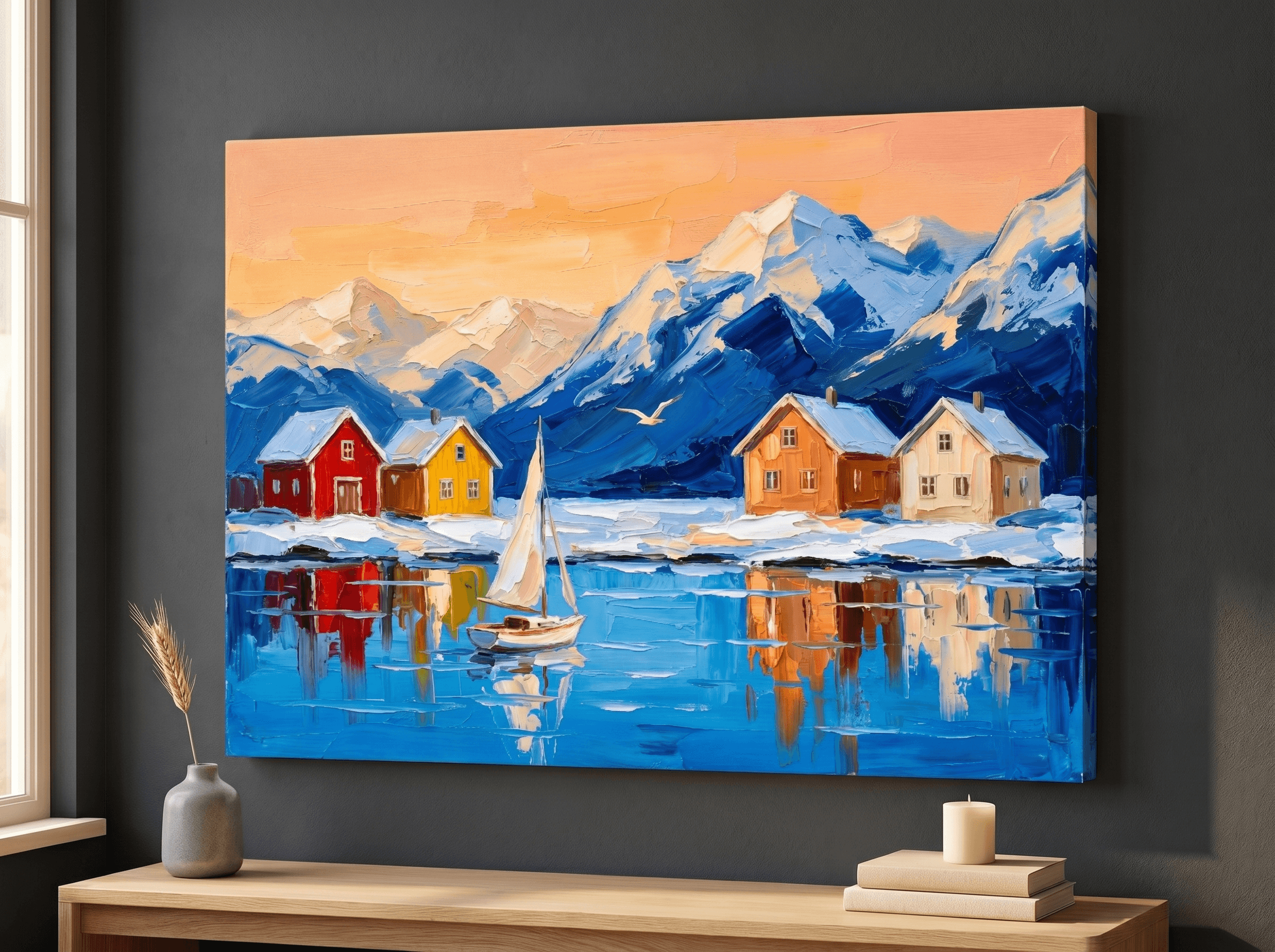 Nordic Colorful Houses Canvas Wall Art | Impasto Sunset Mountain Print | Living Room Home Decor