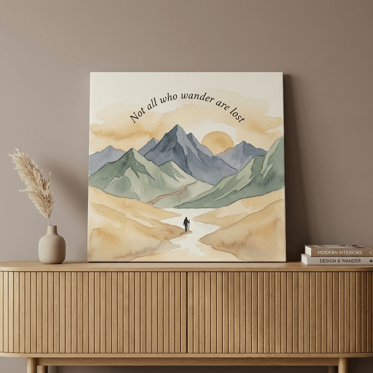 Not All Who Wander Are Lost Canvas Wall Art | Mountain Hiker Watercolor Framed Print | Adventure Decor