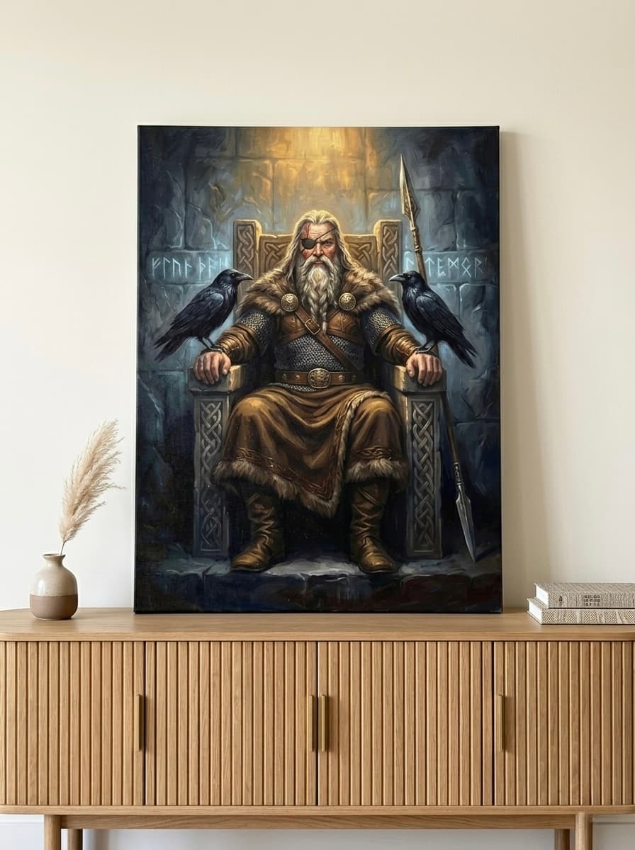 Odin Norse God Canvas Wall Art | Viking Mythology Oil Painting Print | Storm Grey Raven Decor | Dark Dramatic Art