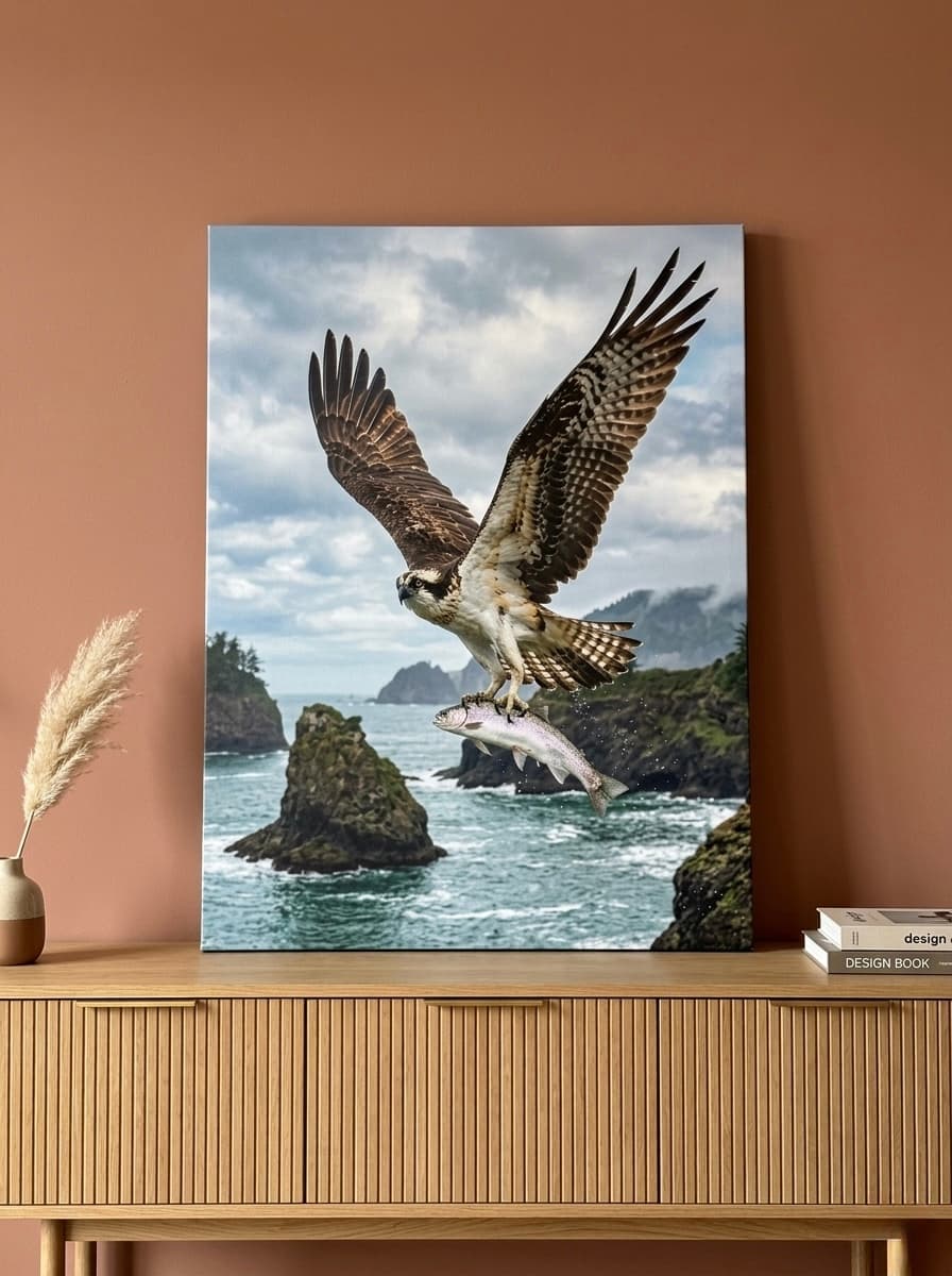 Osprey Canvas Wall Art | Bird of Prey Ocean Wildlife Painting | Framed Canvas Print, Ready to Hang