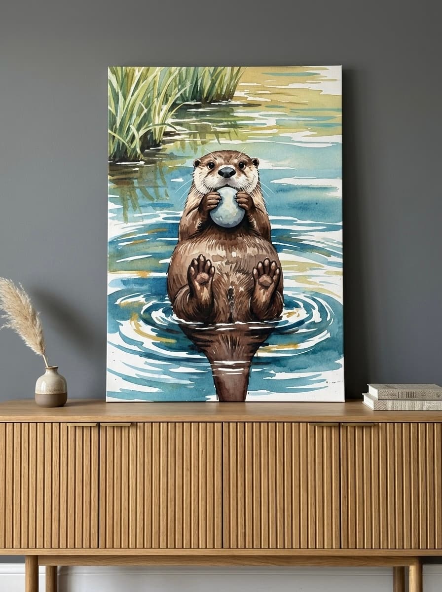 Otter Canvas Wall Art | River Watercolor Painting Framed Print | Coastal Living Room Decor | Animal Lover Gift