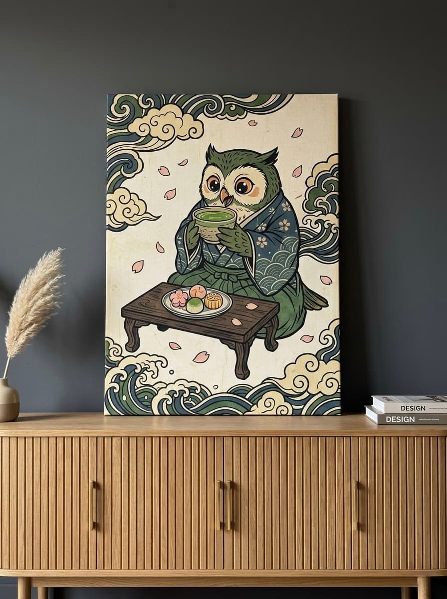 Owl and Matcha Tea Canvas Wall Art | Japanese Ukiyo-e Kitchen Print | Dining Room Framed Decor