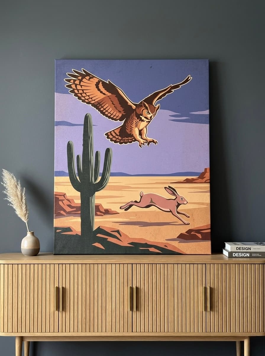Owl Canvas Wall Art | Desert Wildlife Retro Graphic Print | Framed Canvas Print, Ready to Hang