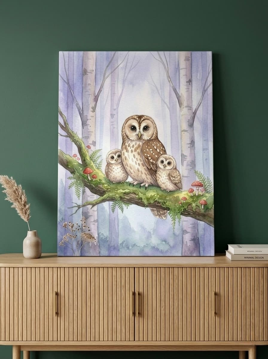 Owl Family Watercolor Nursery Canvas Wall Art | Woodland Dusty Blue Kids Room Decor | Nature Animal Gift