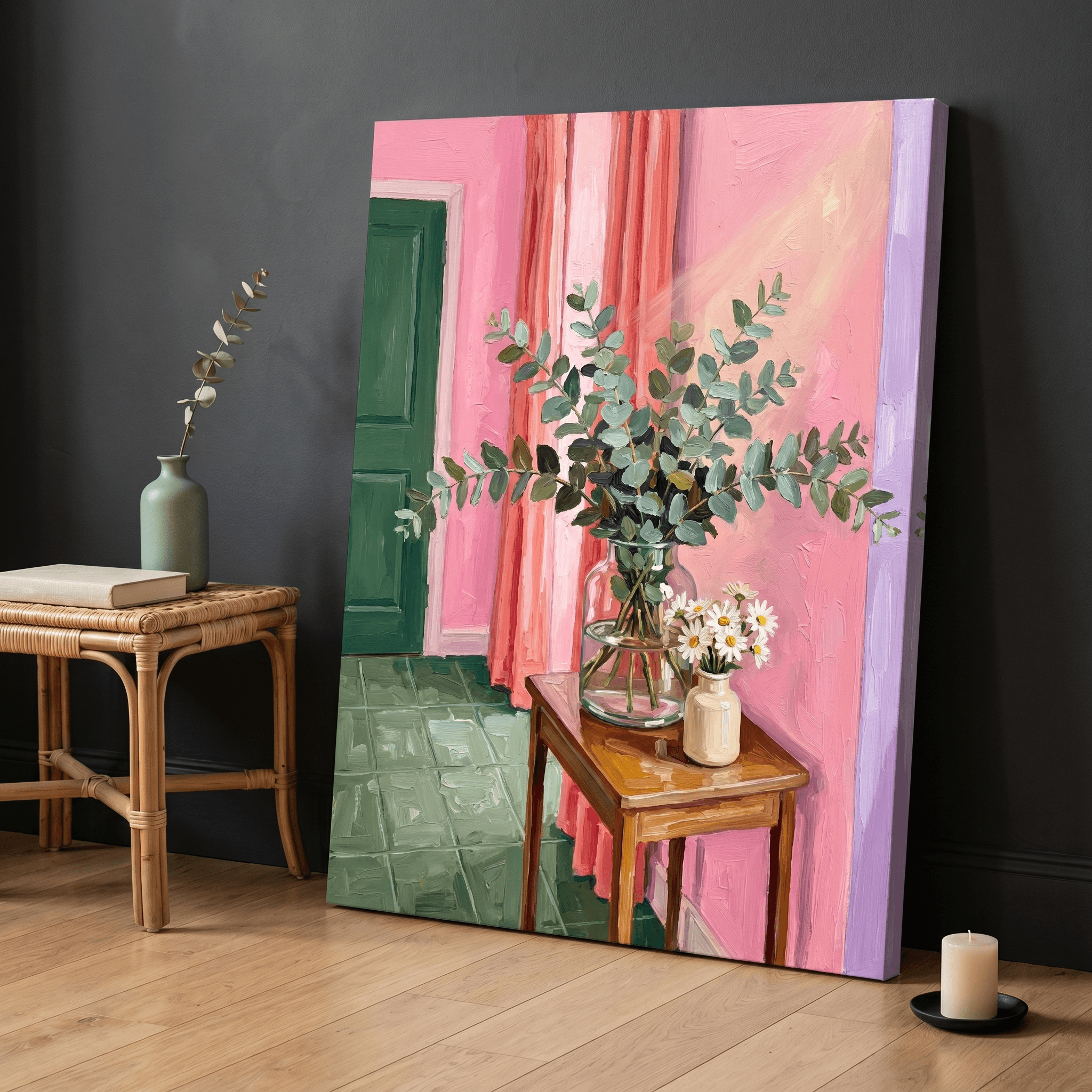 Painterly Eucalyptus Interior Canvas Wall Art | Pink Wall Green Door Print | Living Room Home Decor