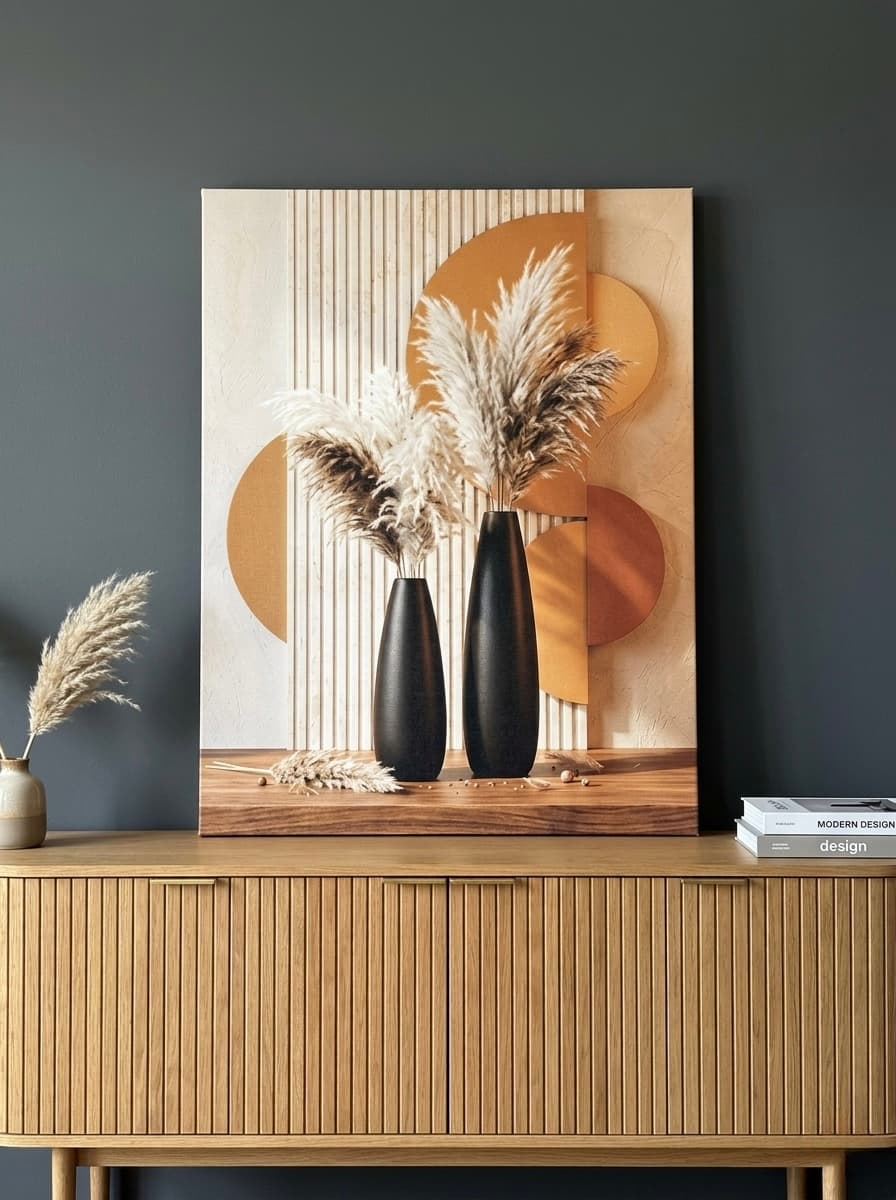 Pampas Vases Canvas Wall Art | Sculptural Black Gold Decor Print | Living Room Luxury Art
