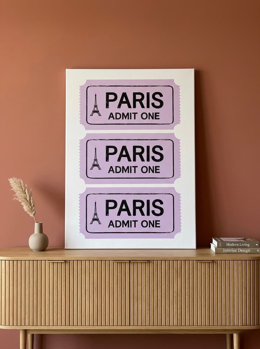 Paris Admit One Retro Ticket Canvas Print | Lavender Wall Art | Eiffel Tower Cute Travel Decor